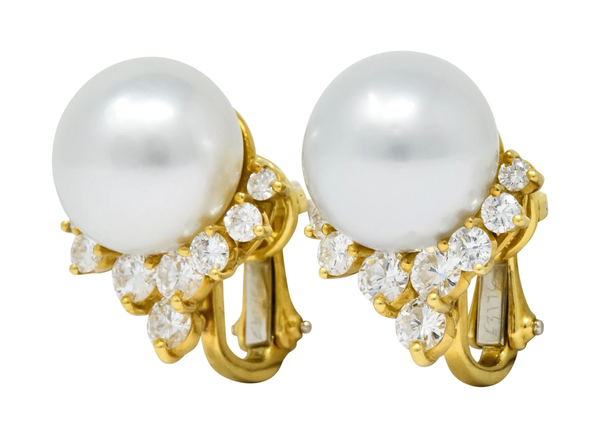 Retro 0.76 CTW Diamond Cultured South Sea Pearl 18 Karat Gold Earrings - Image 2