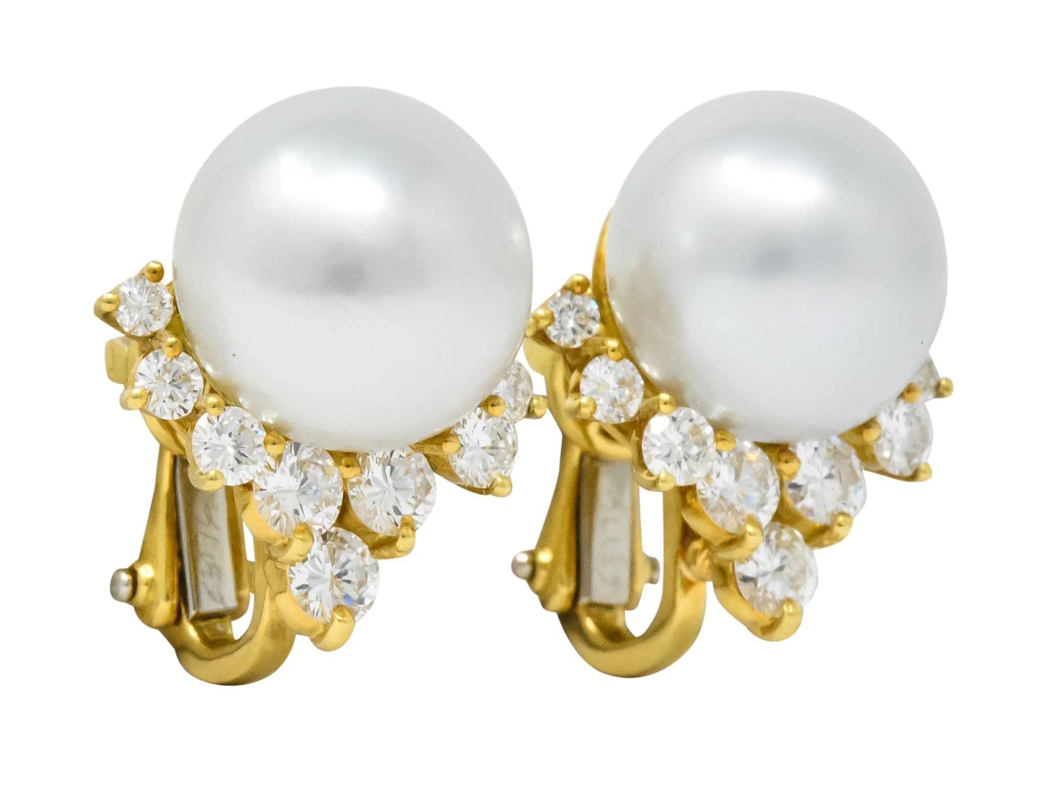 Retro 0.76 CTW Diamond Cultured South Sea Pearl 18 Karat Gold Earrings - Image 3
