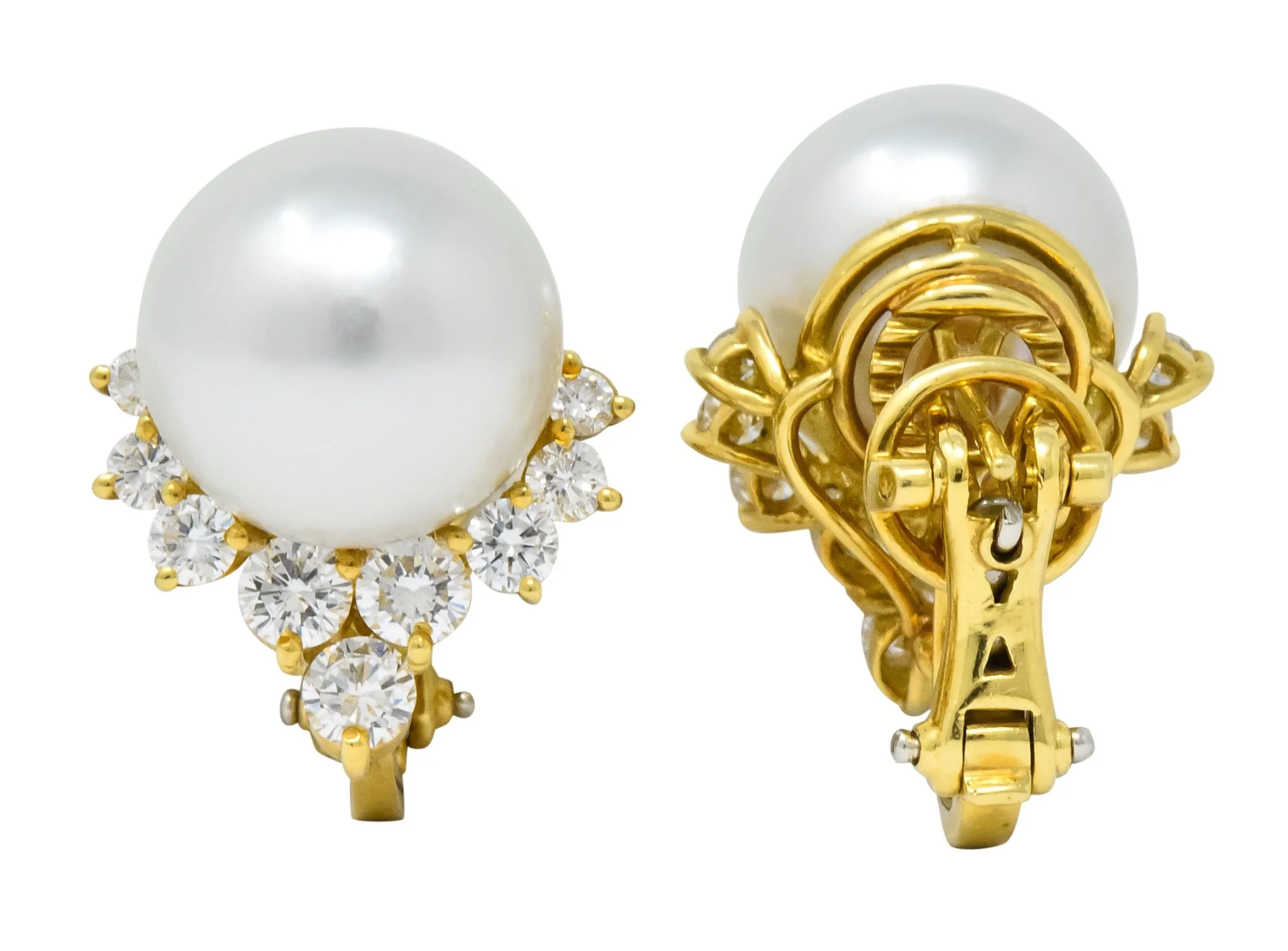 Retro 0.76 CTW Diamond Cultured South Sea Pearl 18 Karat Gold Earrings - Image 4