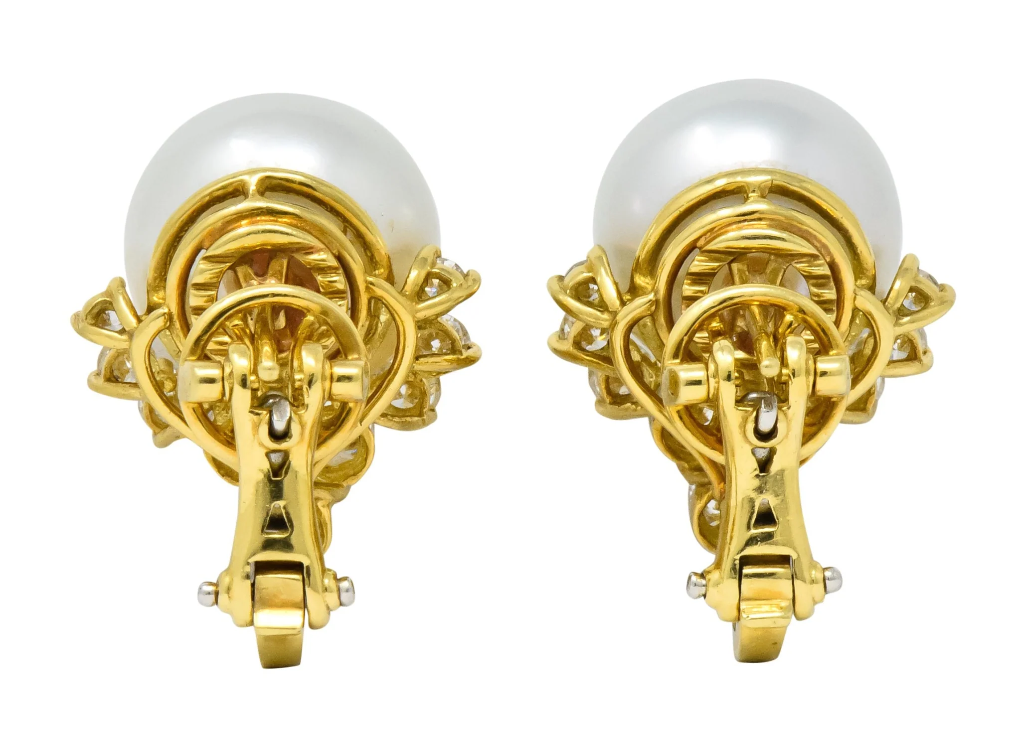 Retro 0.76 CTW Diamond Cultured South Sea Pearl 18 Karat Gold Earrings - Image 5