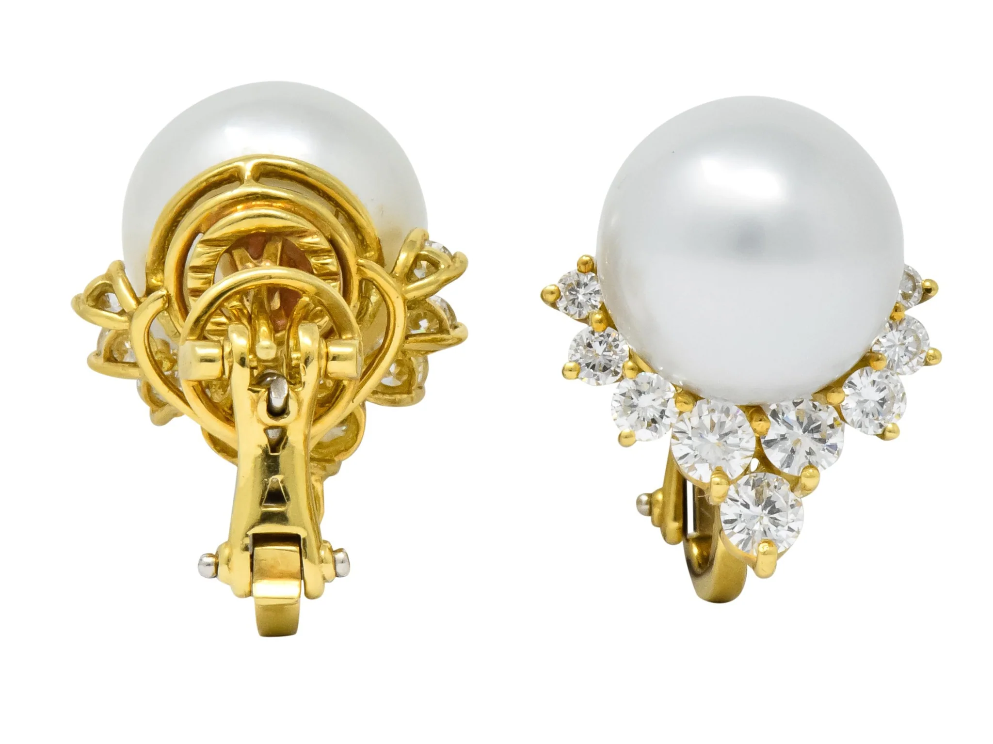 Retro 0.76 CTW Diamond Cultured South Sea Pearl 18 Karat Gold Earrings - Image 6