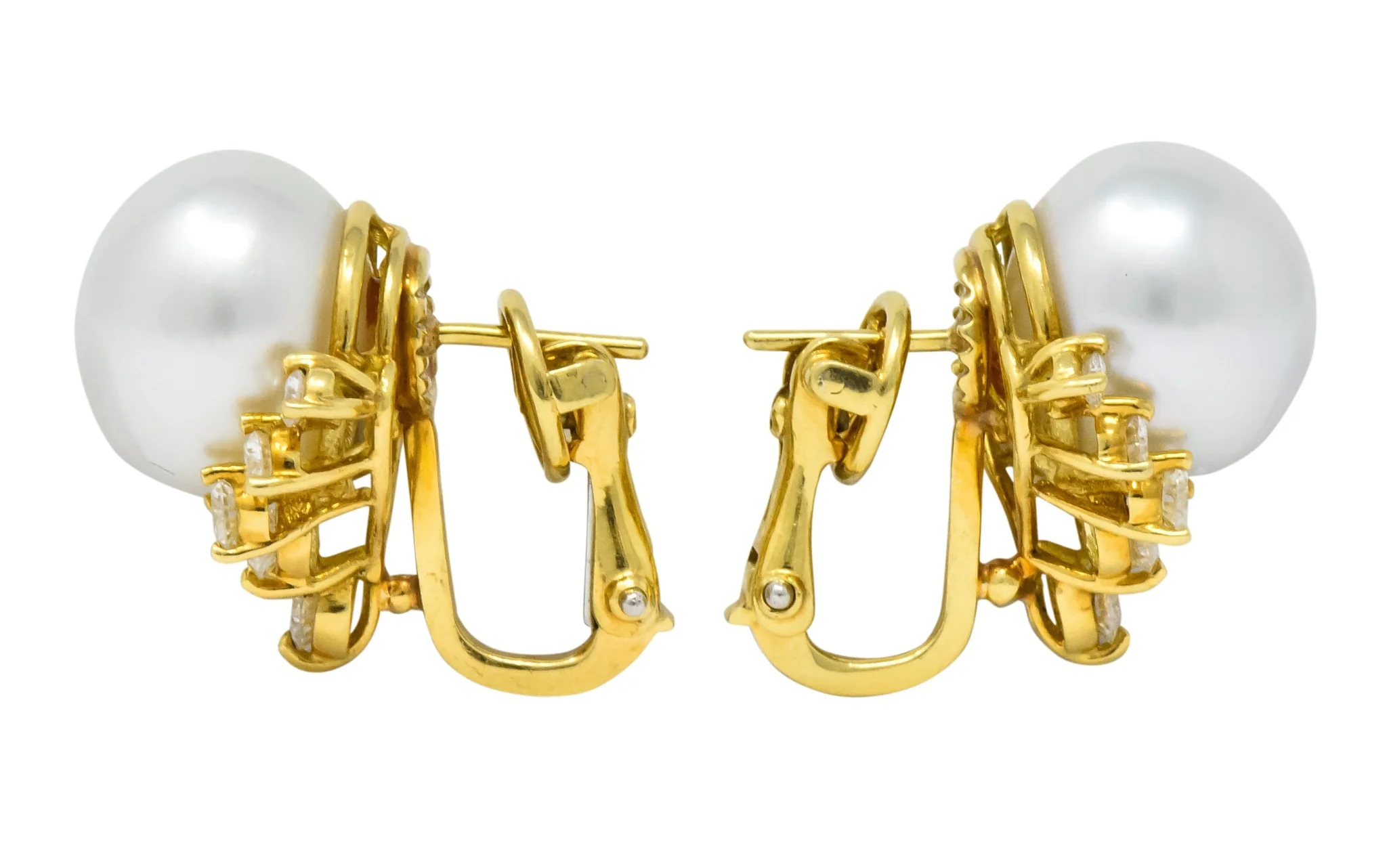 Retro 0.76 CTW Diamond Cultured South Sea Pearl 18 Karat Gold Earrings - Image 7