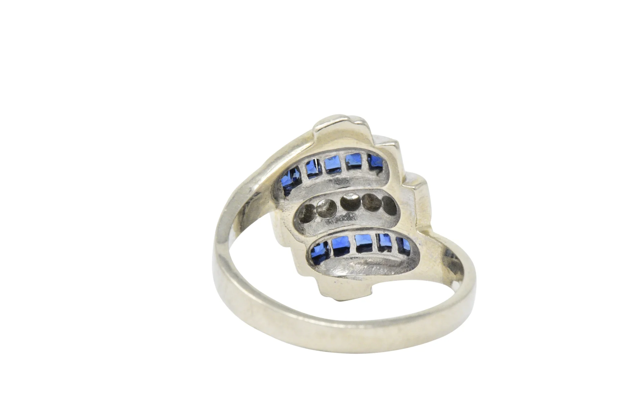 Retro 0.80 CTW Diamond Sapphire 14 Karat White Gold Scrolled Bypass Ring - Image 5