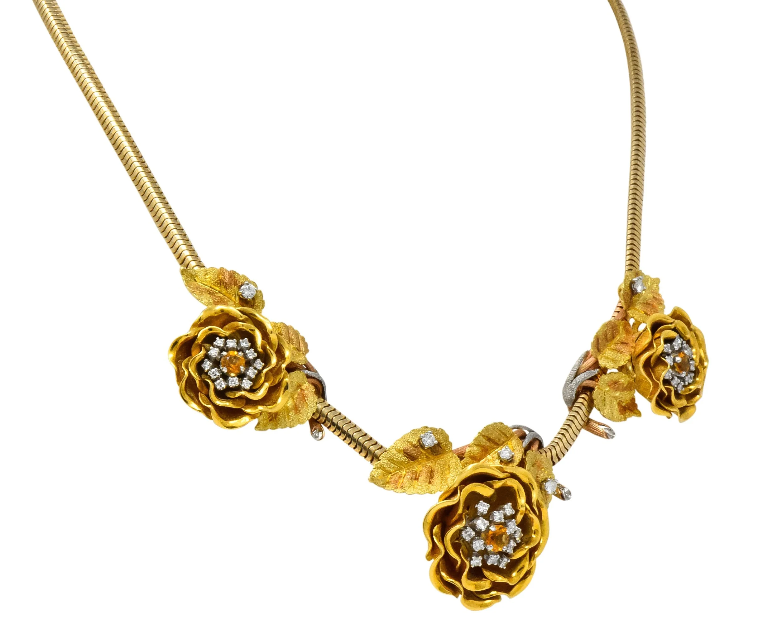 Retro 1.00 CTW Citrine Diamond Platinum 14 Karat Tri-Colored Gold Flower Necklace - Image 3