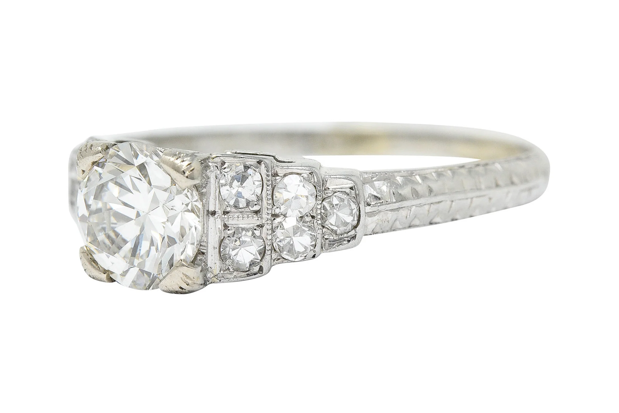 Retro 1.00 CTW Diamond 18 Karat White Gold Stepped Engagement Ring - Image 7