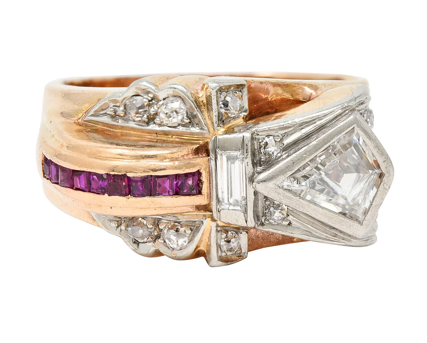 Retro 1.17 CTW Diamond Ruby 14 Karat Two-Tone Bow Ring
