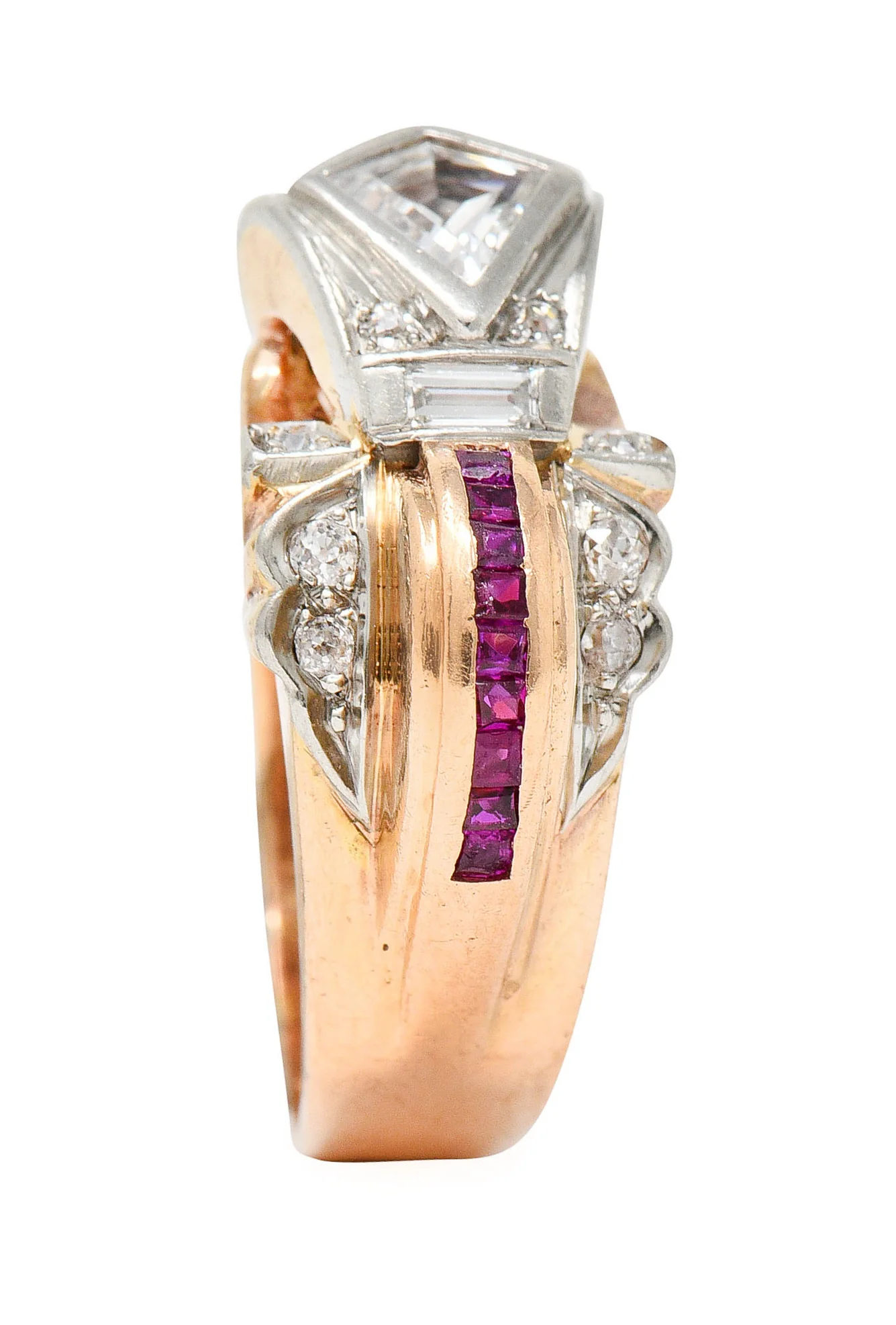 Retro 1.17 CTW Diamond Ruby 14 Karat Two-Tone Bow Ring - Image 10