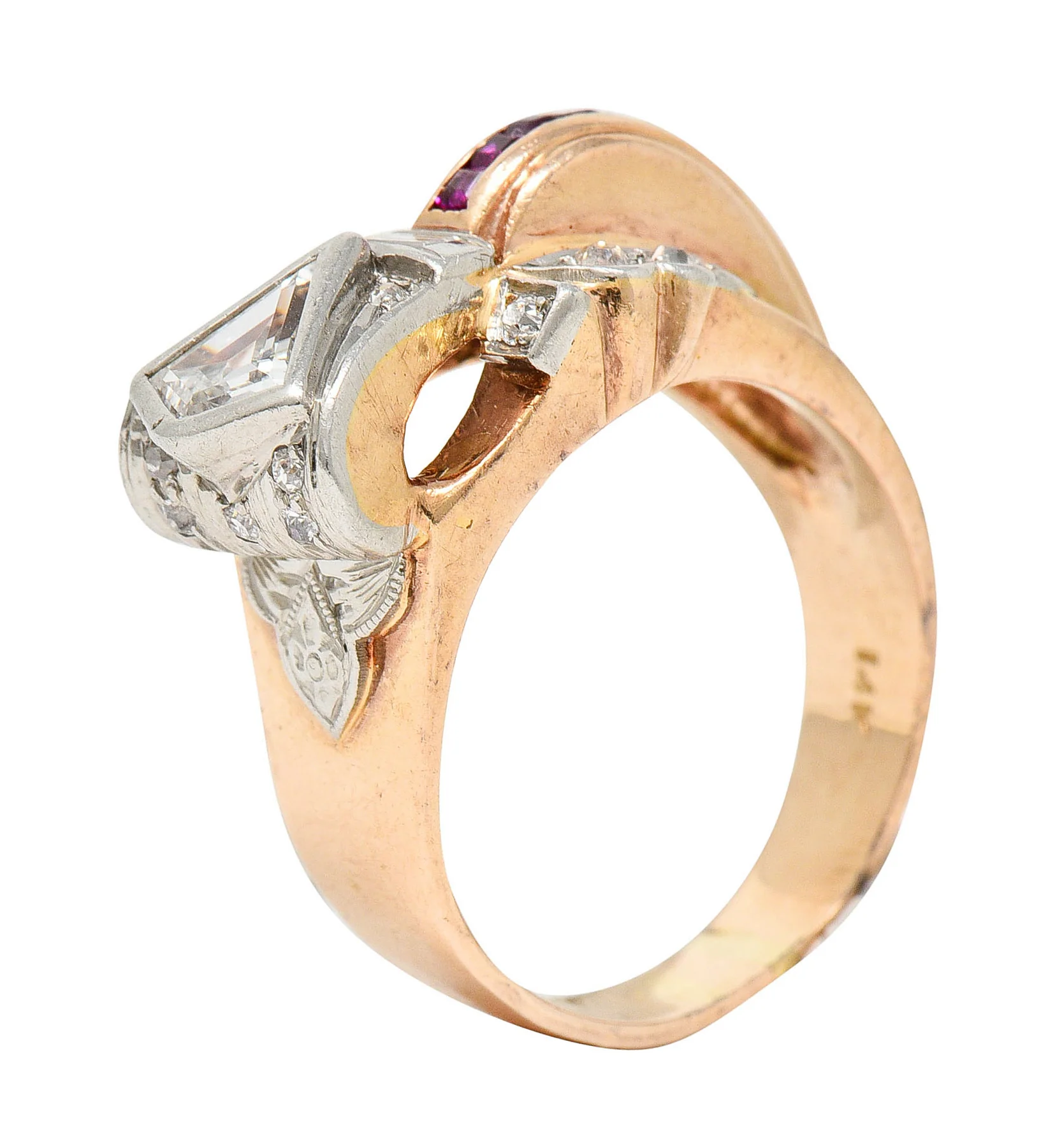 Retro 1.17 CTW Diamond Ruby 14 Karat Two-Tone Bow Ring - Image 11