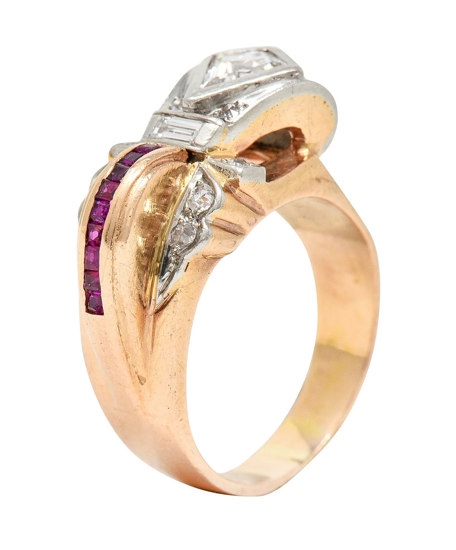 Retro 1.17 CTW Diamond Ruby 14 Karat Two-Tone Bow Ring - Image 12