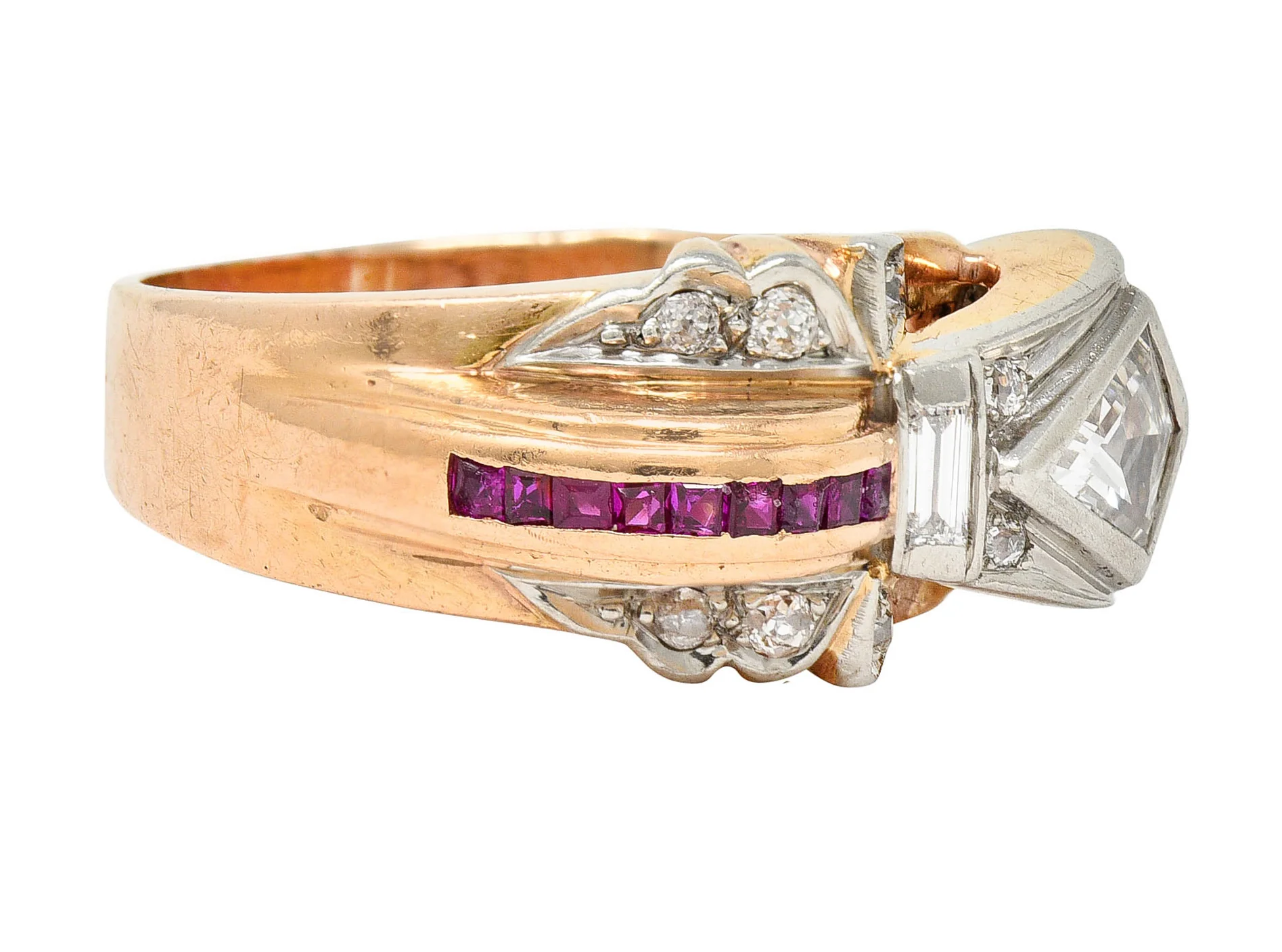 Retro 1.17 CTW Diamond Ruby 14 Karat Two-Tone Bow Ring - Image 2