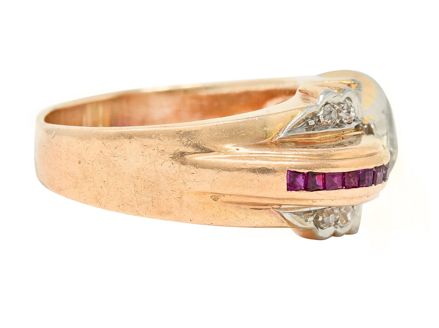 Retro 1.17 CTW Diamond Ruby 14 Karat Two-Tone Bow Ring - Image 3