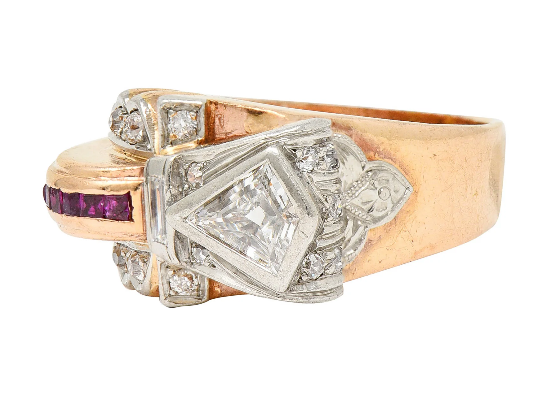 Retro 1.17 CTW Diamond Ruby 14 Karat Two-Tone Bow Ring - Image 6