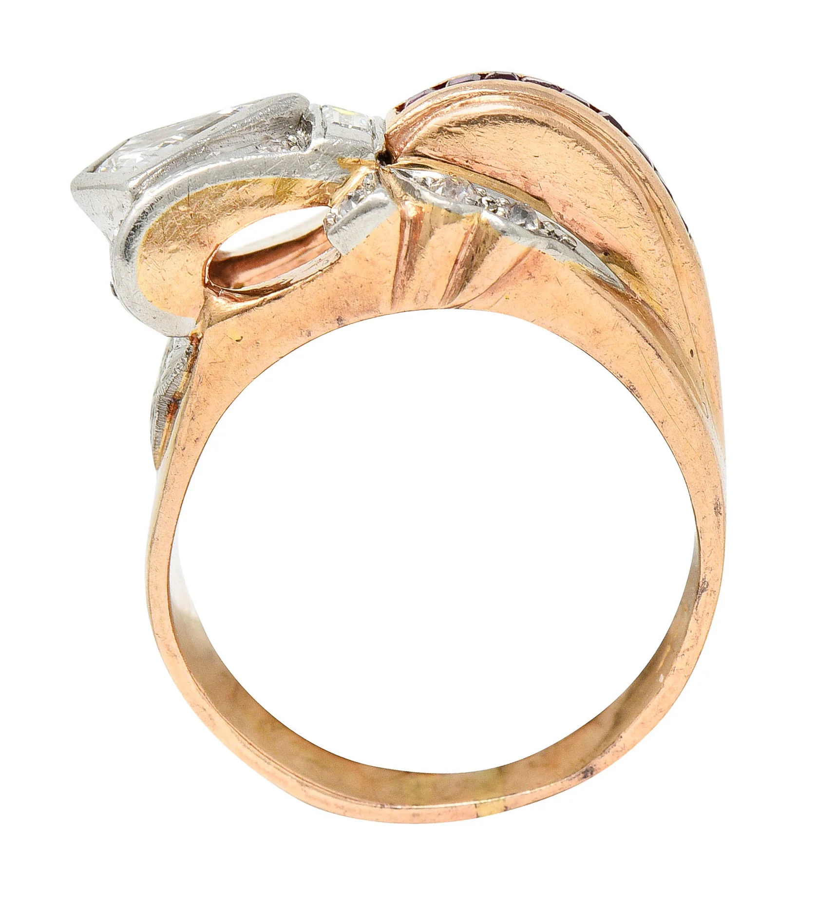 Retro 1.17 CTW Diamond Ruby 14 Karat Two-Tone Bow Ring - Image 8