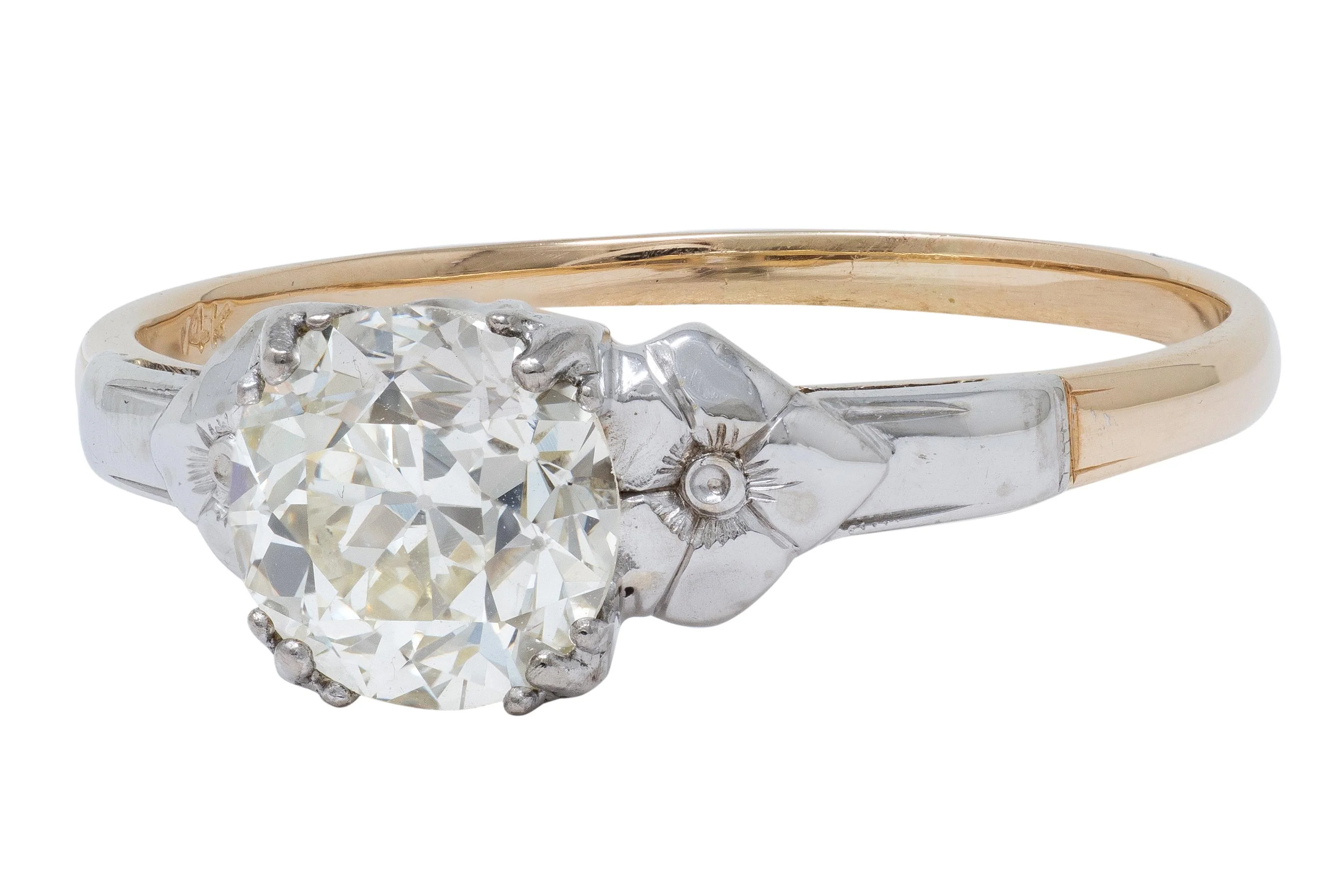Retro 1.28 CTW Old Mine Diamond 14 Karat Two-Tone Gold Vintage Floral Solitaire Engagement Ring - Image 4