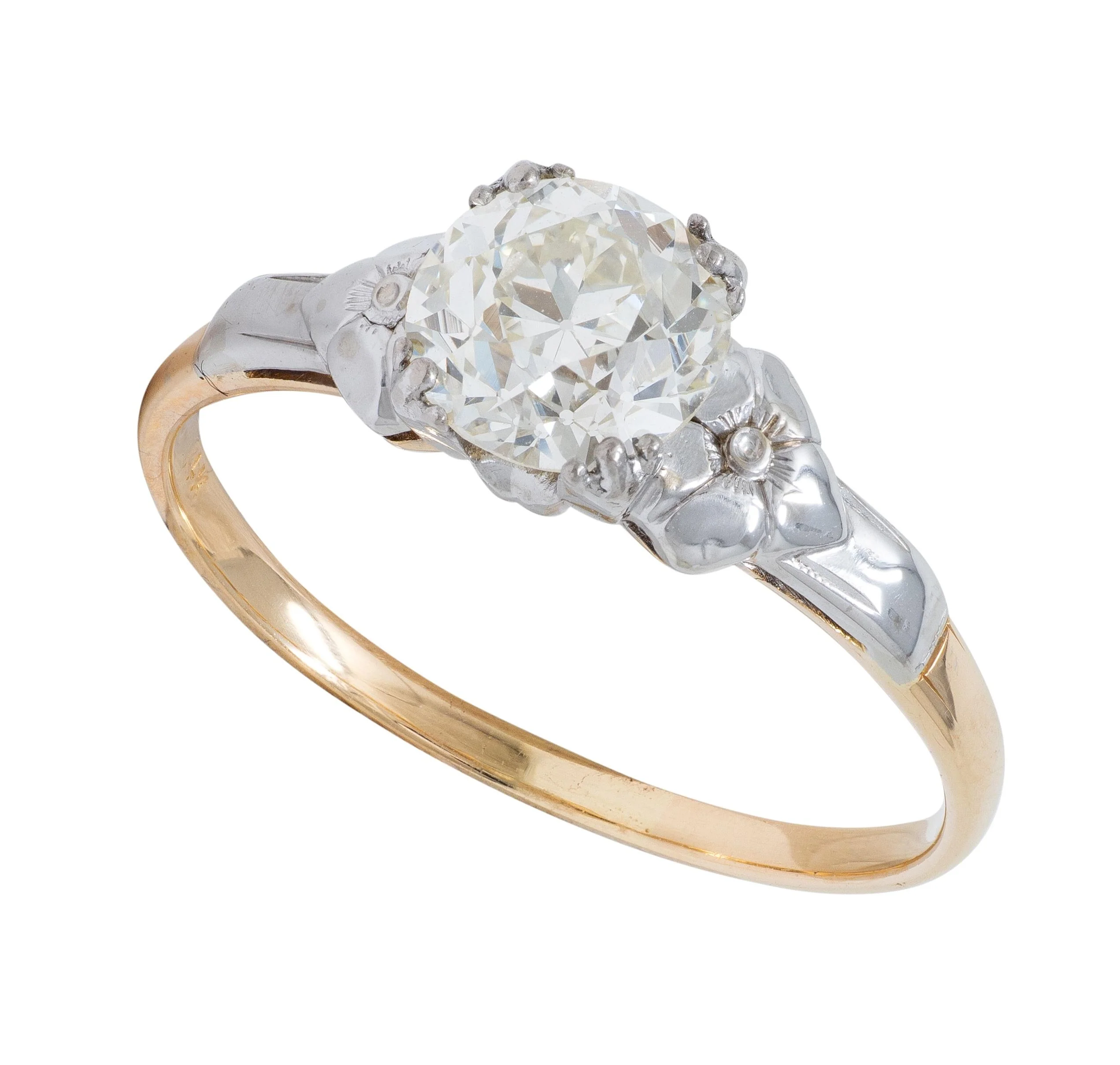 Retro 1.28 CTW Old Mine Diamond 14 Karat Two-Tone Gold Vintage Floral Solitaire Engagement Ring - Image 7