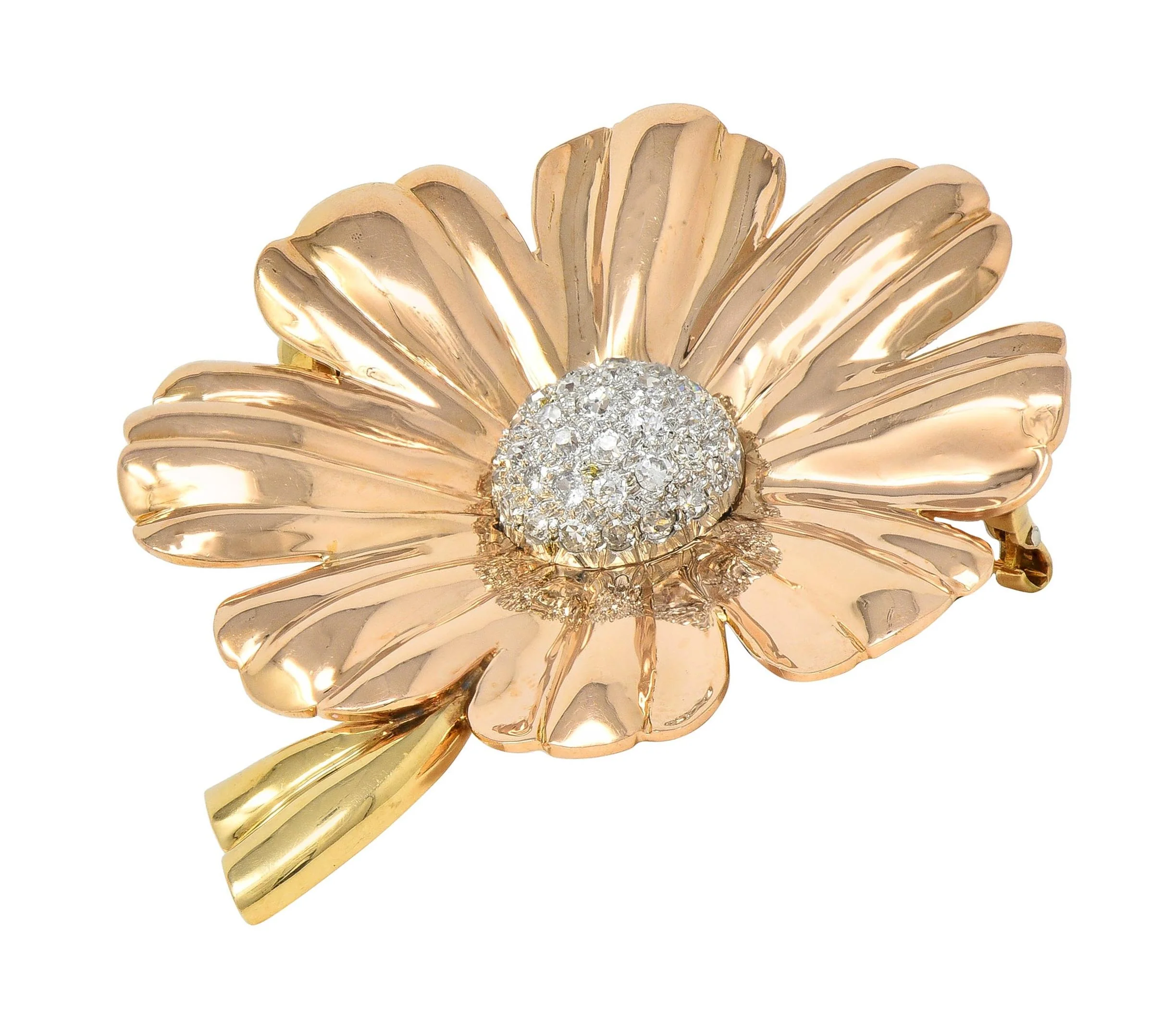 Retro 1.46 CTW Diamond 14 Karat Tri-Gold Vintage Daisy Flower Brooch - Image 6