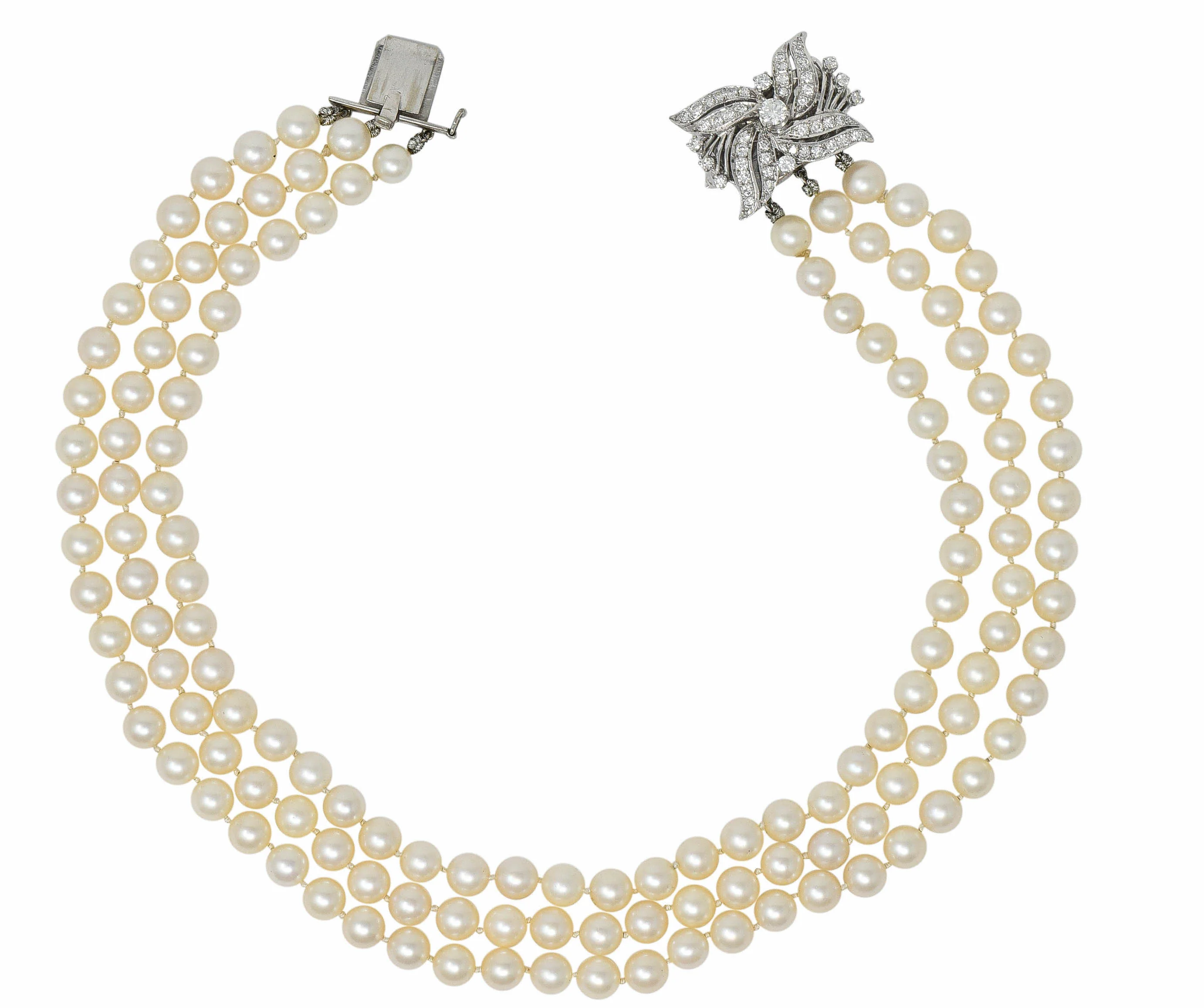 Retro 1.70 CTW Diamond Cultured Pearl 14 Karat White Gold Multi-Strand Necklace & Brooch - Image 17