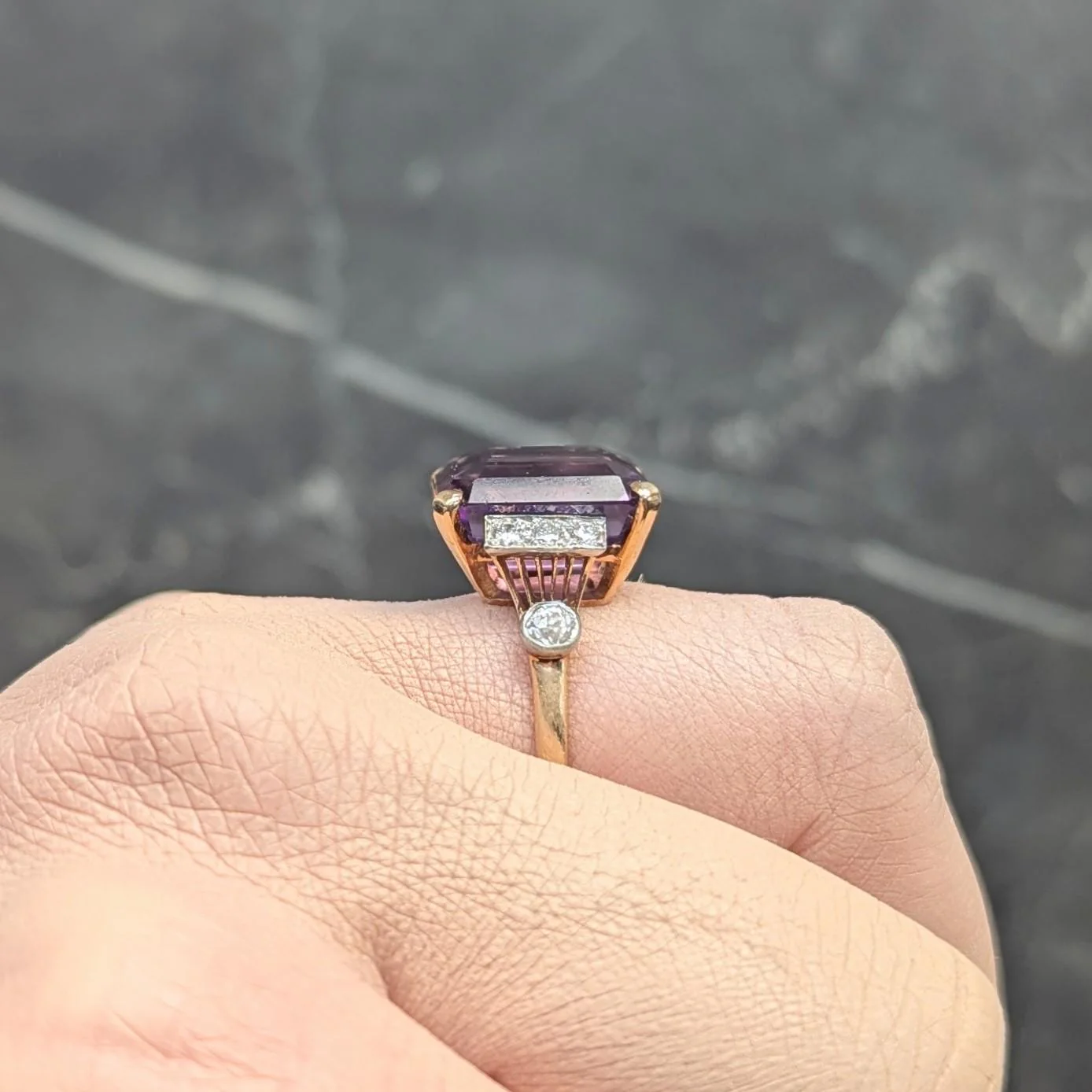 Retro 10.22 CTW Amethyst Diamond Platinum 14 Karat Yellow Gold Vintage Cocktail Ring - Image 12