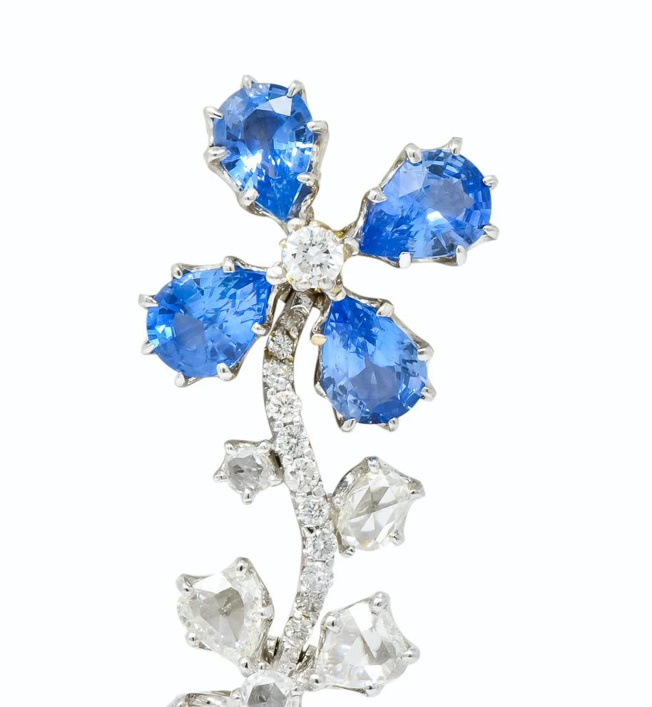 Retro 11.52 CTW Diamond Sapphire Platinum Articulated Flower Earrings - Image 5