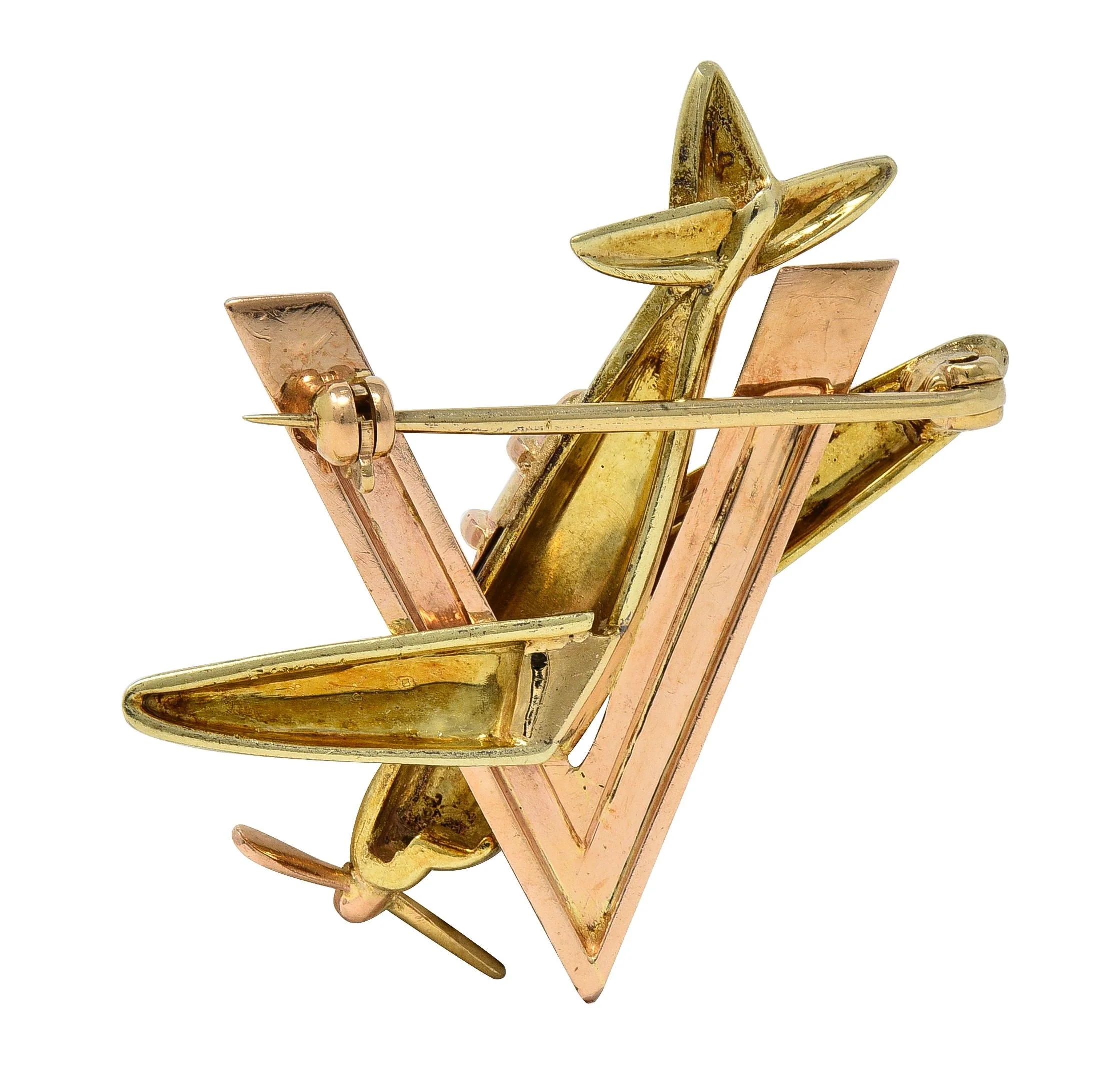 Retro 14 Karat Two-Tone Gold Vintage Sweetheart WW2 Victory Plane Brooch - Image 4