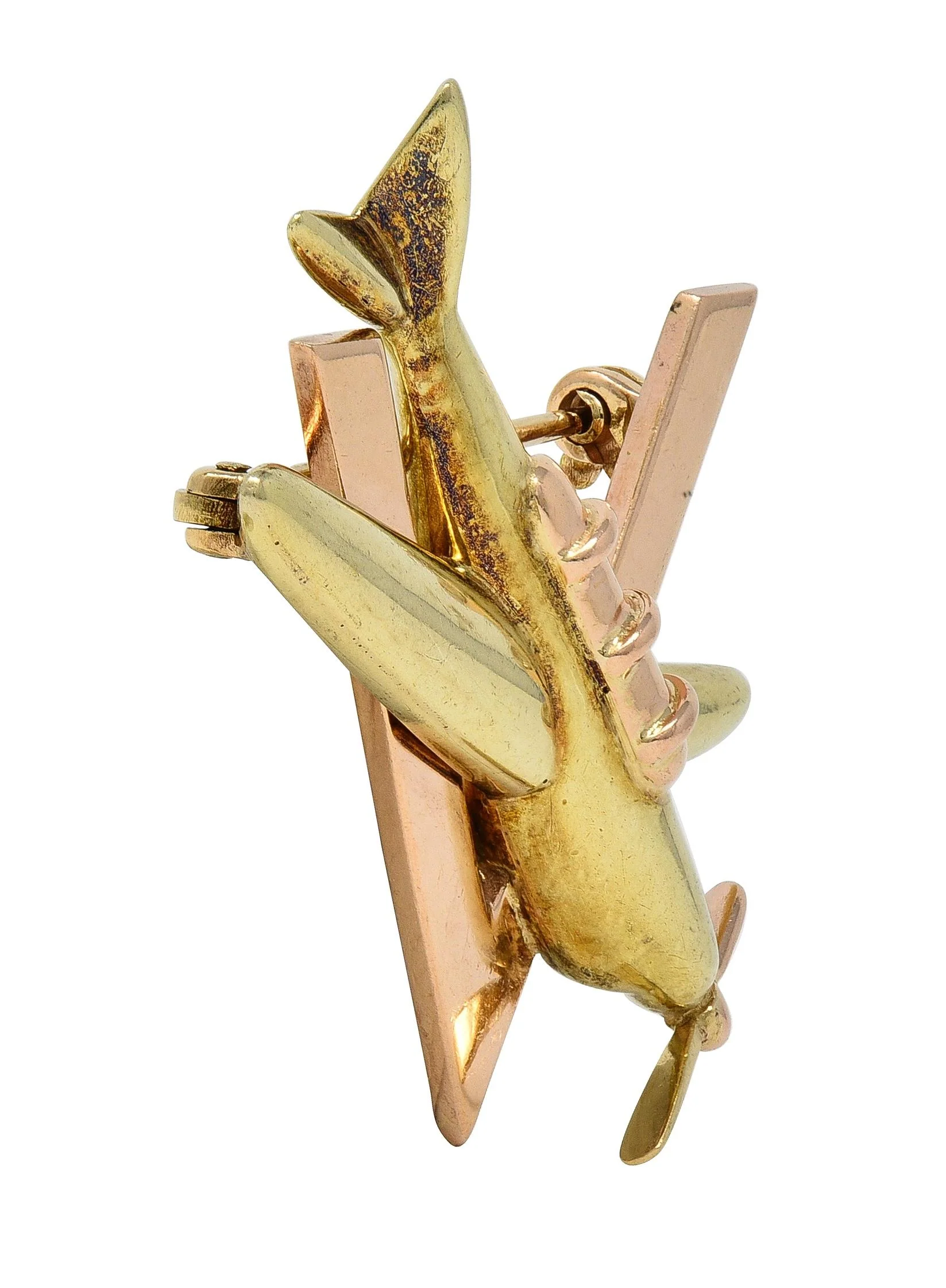 Retro 14 Karat Two-Tone Gold Vintage Sweetheart WW2 Victory Plane Brooch - Image 5
