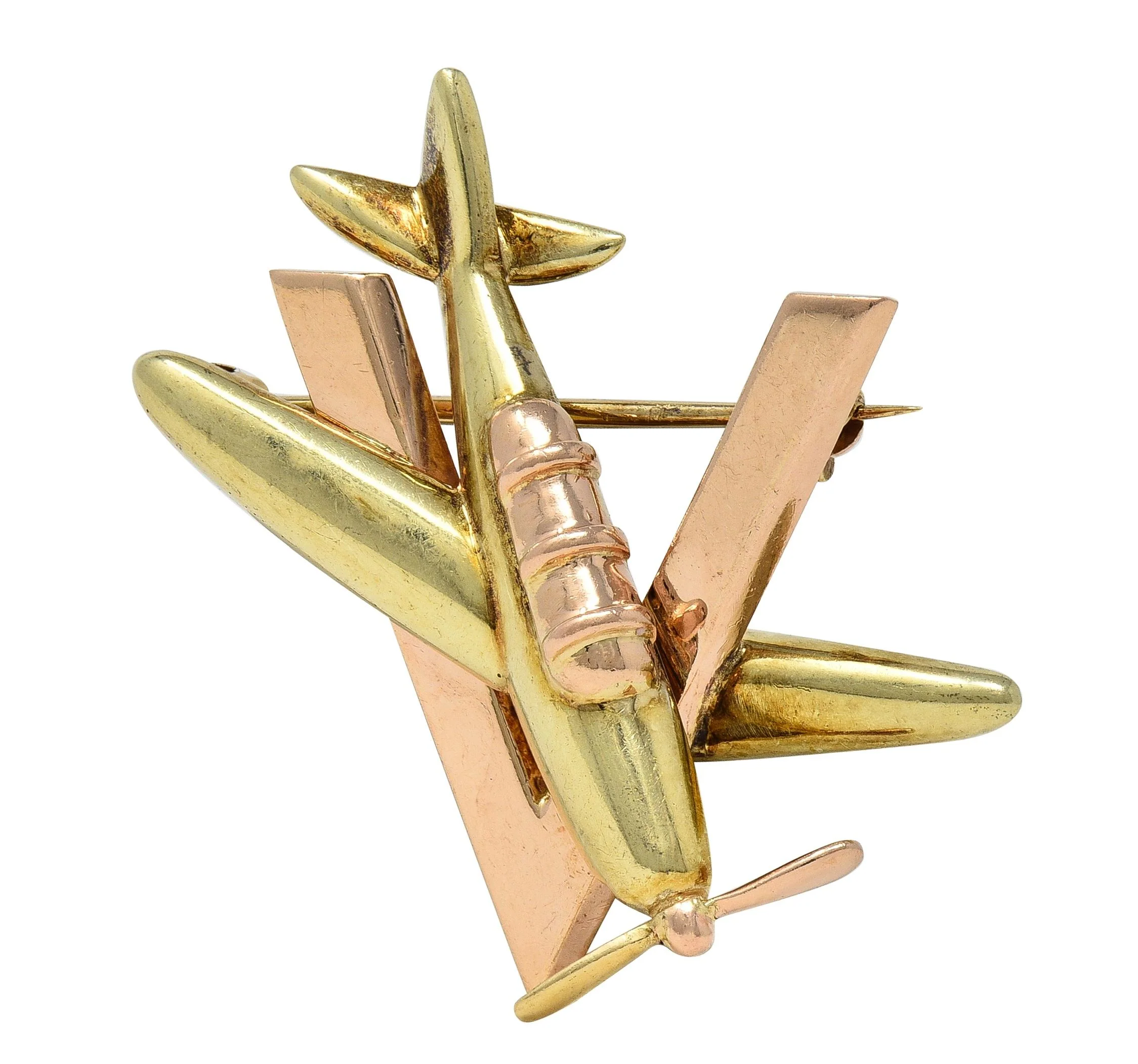 Retro 14 Karat Two-Tone Gold Vintage Sweetheart WW2 Victory Plane Brooch - Image 8