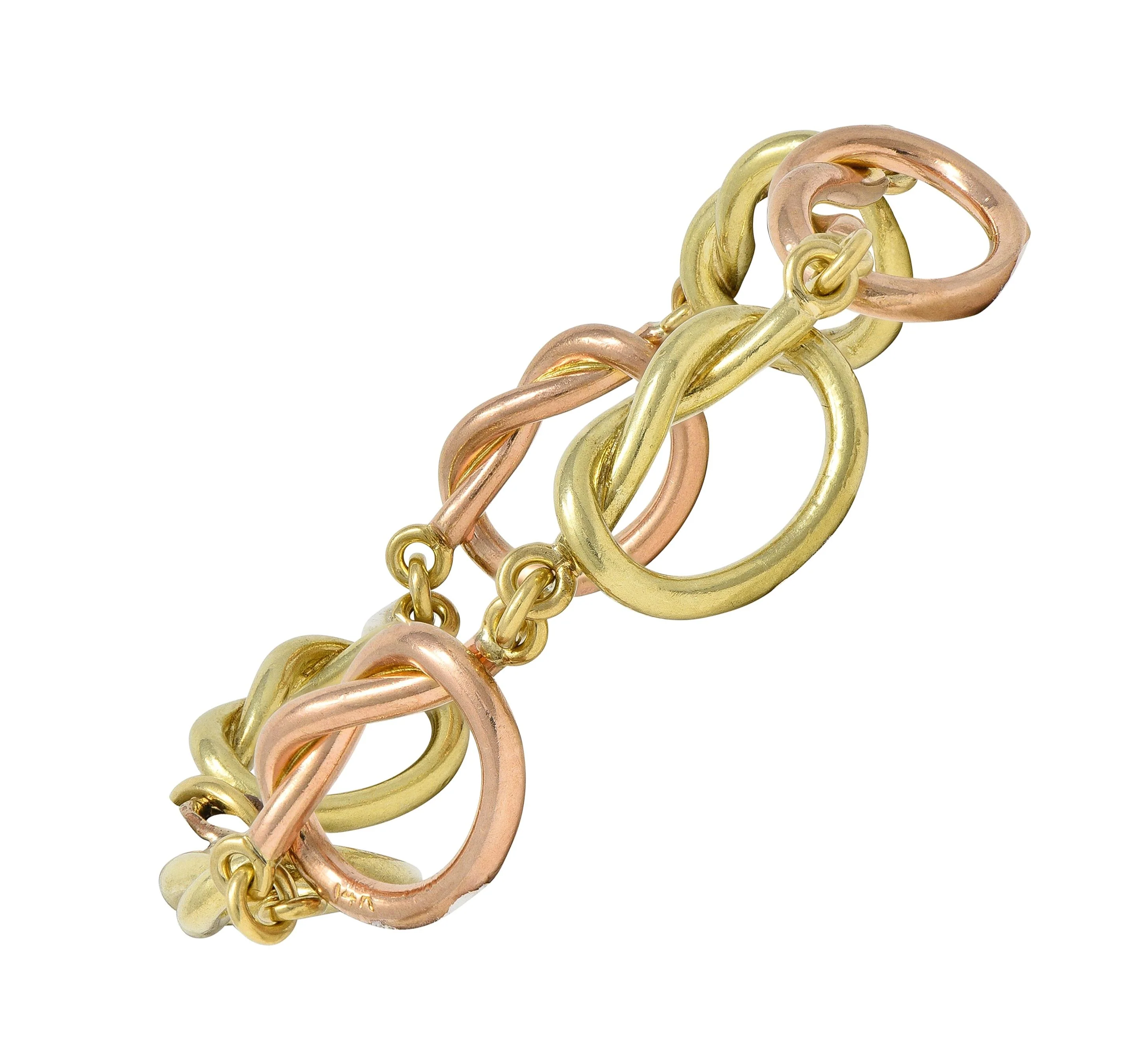 Retro 14 Karat Two-Tone Rose Yellow Gold Vintage Love Knot Bracelet - Image 4