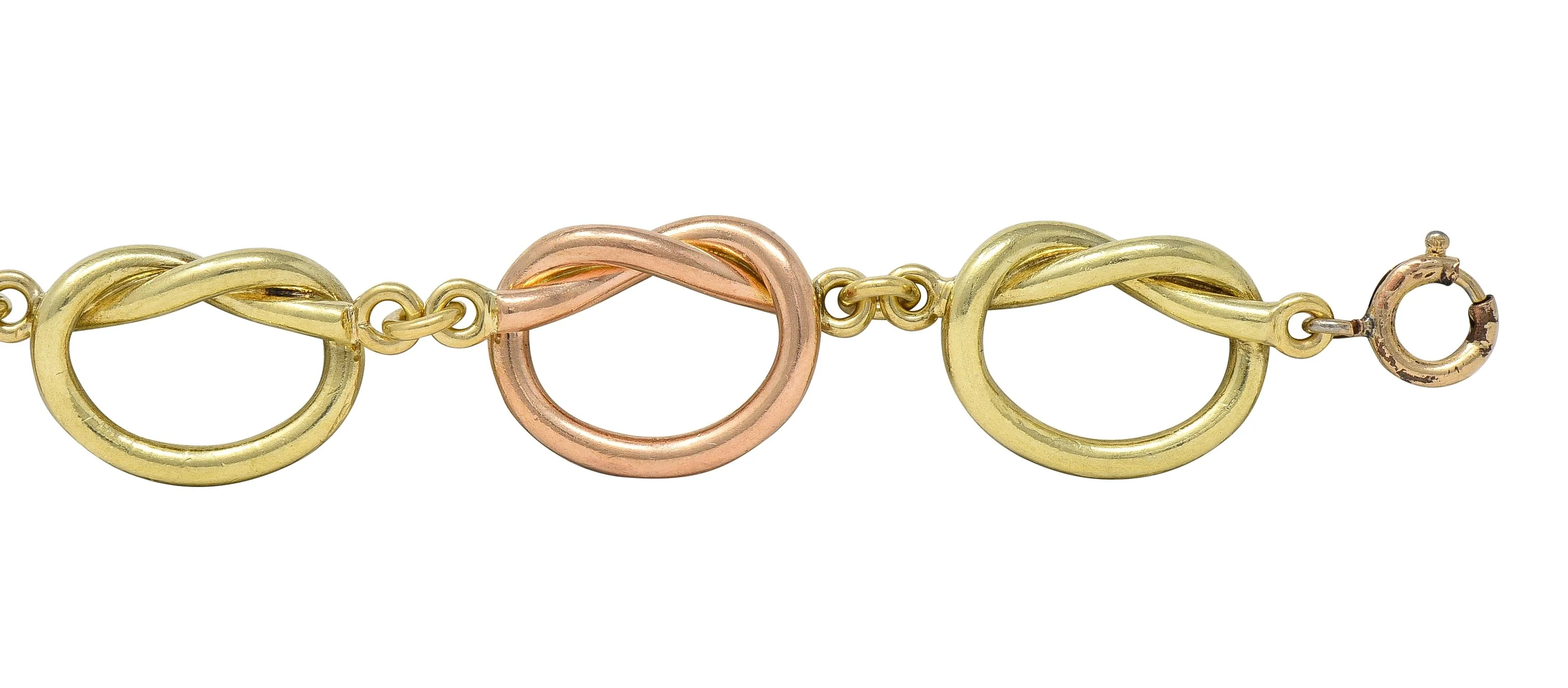 Retro 14 Karat Two-Tone Rose Yellow Gold Vintage Love Knot Bracelet - Image 6