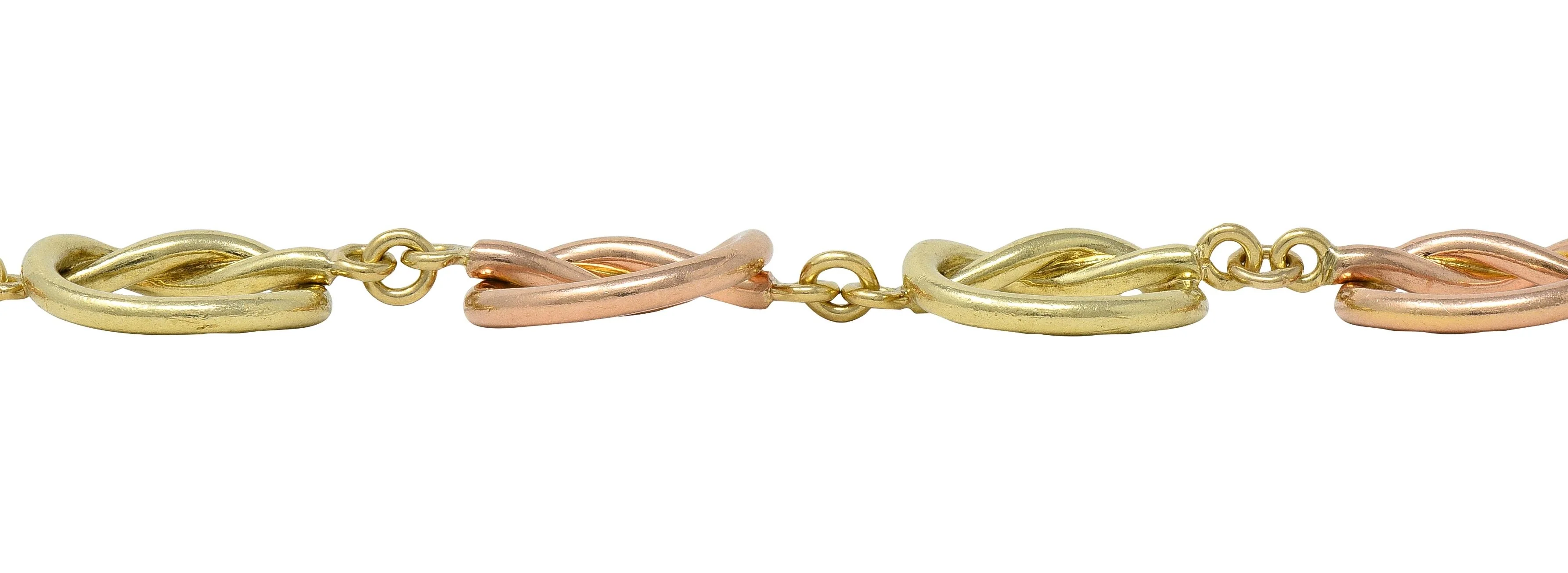 Retro 14 Karat Two-Tone Rose Yellow Gold Vintage Love Knot Bracelet - Image 7