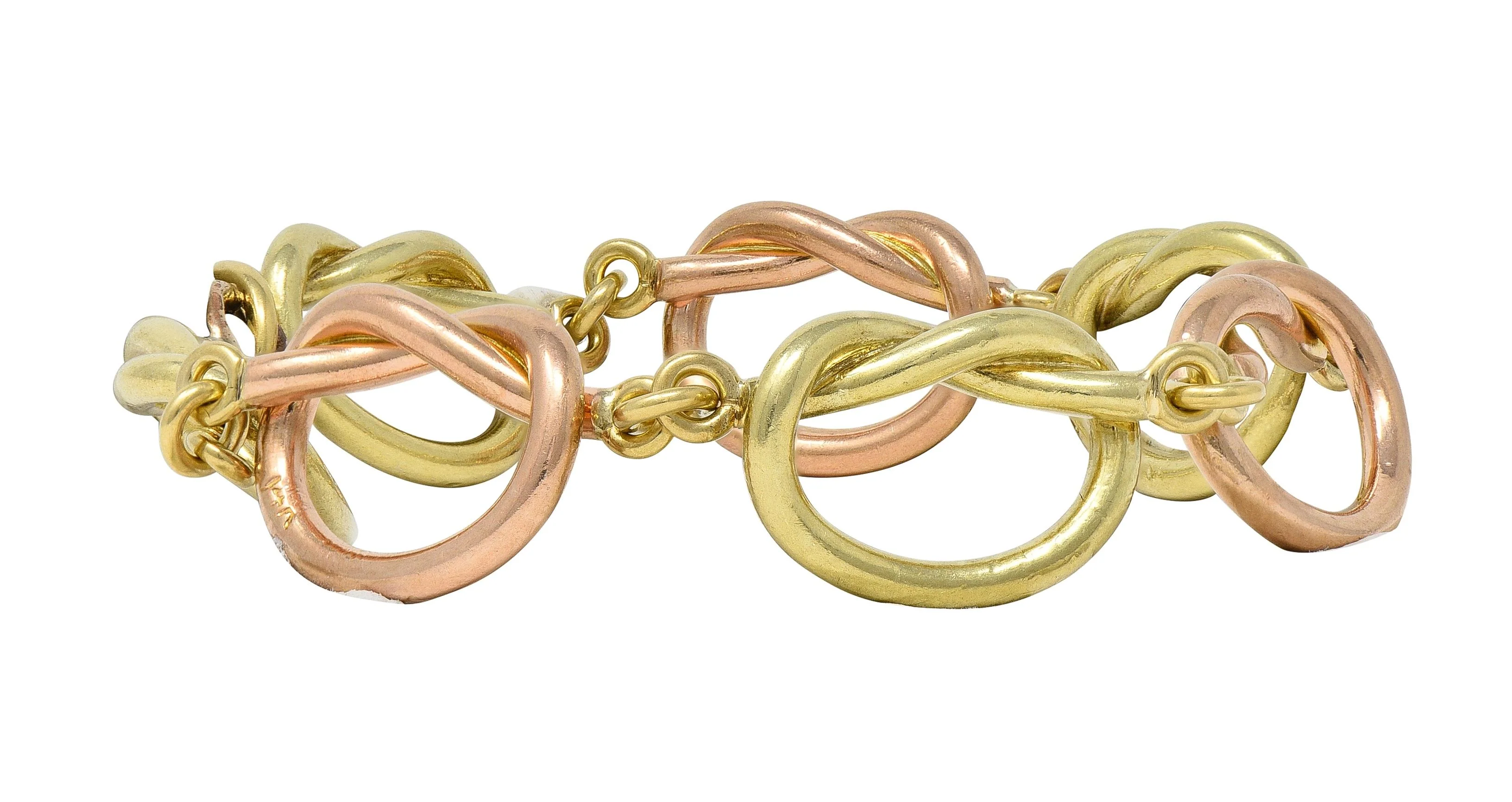 Retro 14 Karat Two-Tone Rose Yellow Gold Vintage Love Knot Bracelet - Image 9