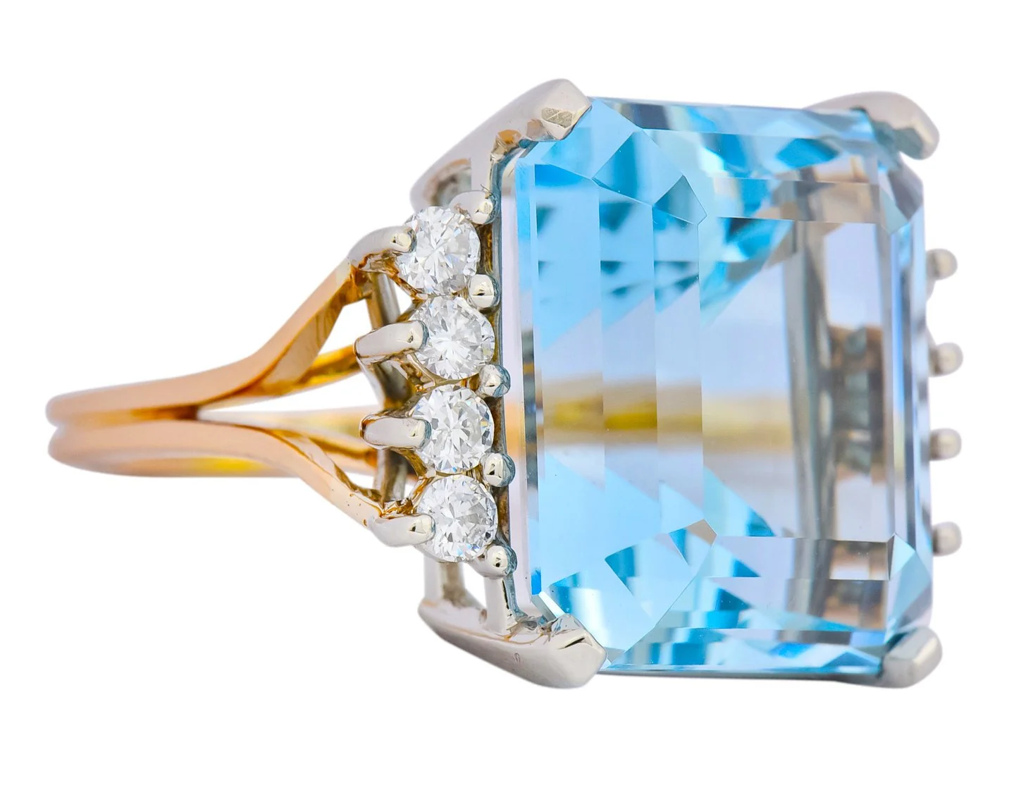 Retro 16.78 CTW Aquamarine Diamond 18 Karat Two-Tone Gold Cocktail Ring - Image 2