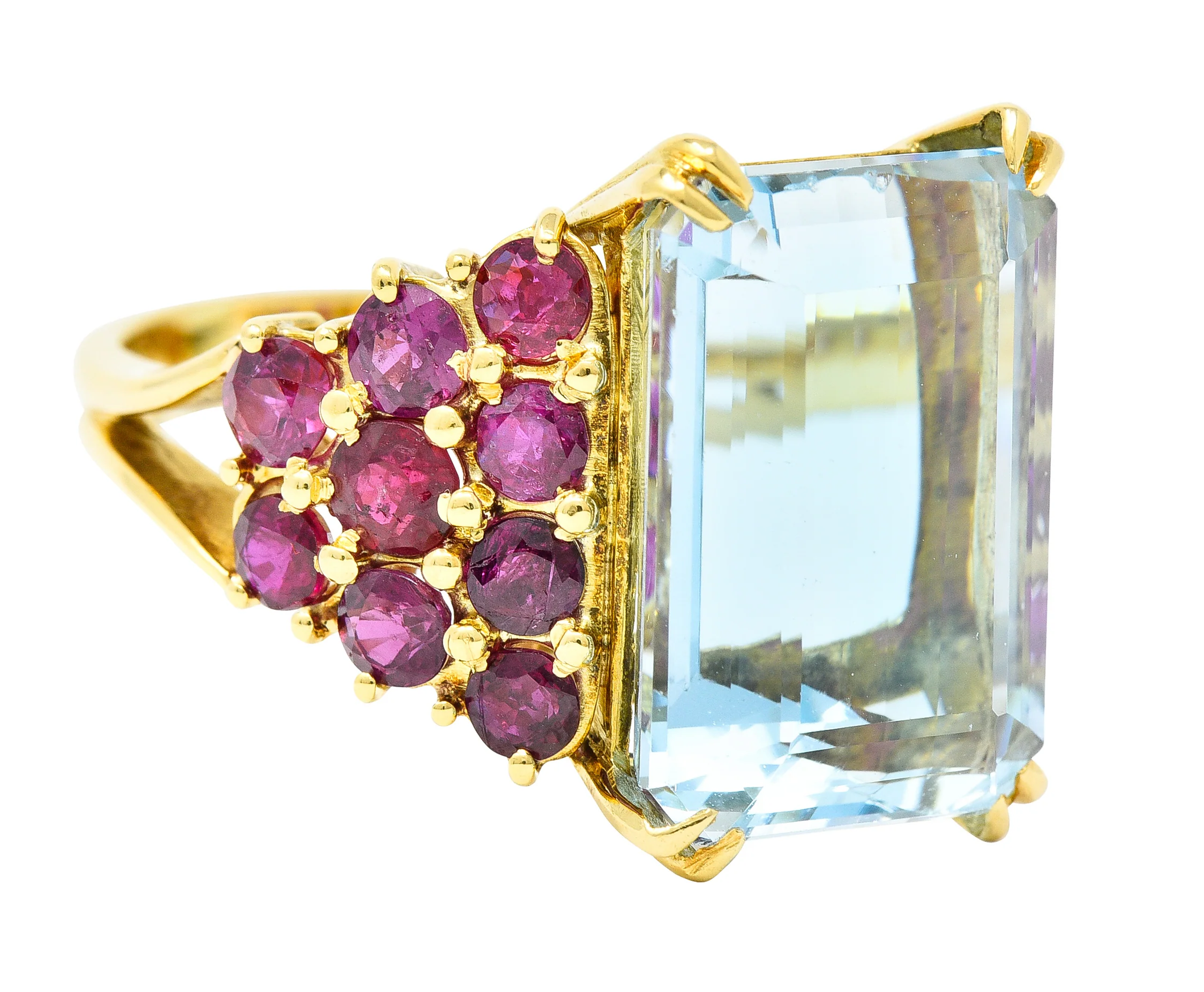 Retro 17.12 CTW Emerald Cut Aquamarine Ruby 18 Karat Yellow Gold Vintage Cocktail Ring - Image 2