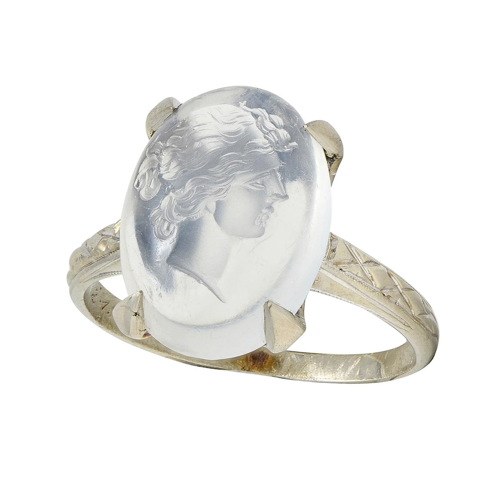 Retro 1943 Carved Moonstone 14 Karat White Gold Vintage Intaglio Ring - Image 9