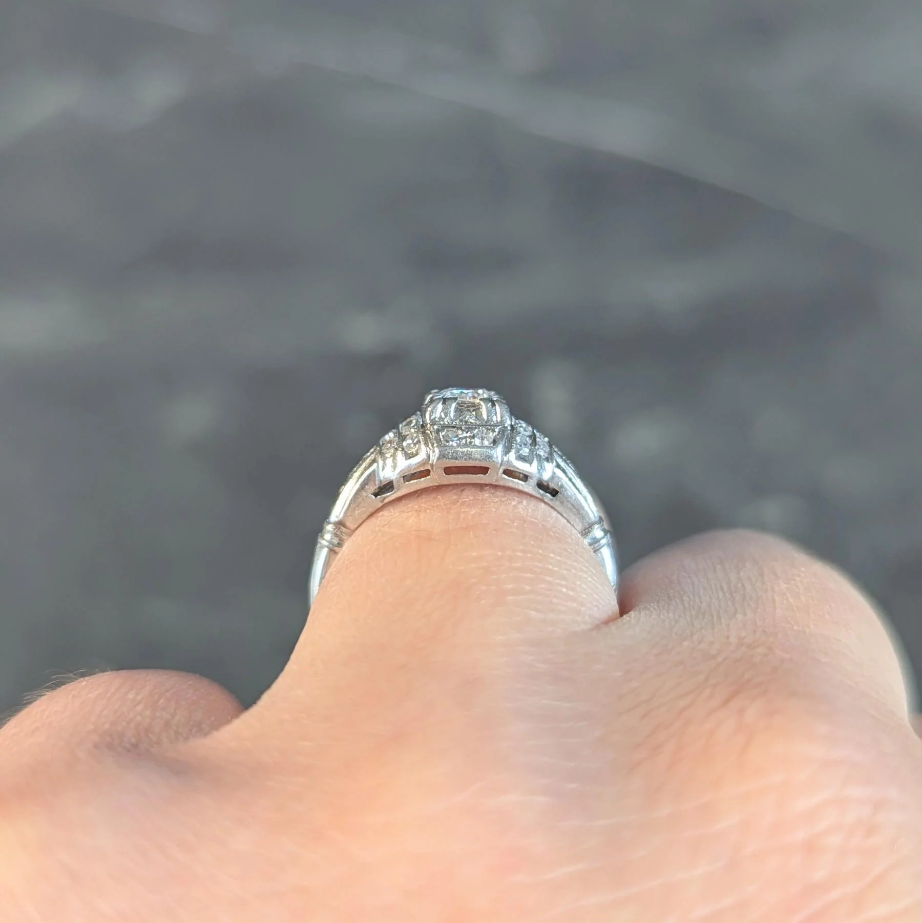 Retro 1943 Old European Cut Diamond Platinum Stepped Vintage Engagement Ring - Image 15