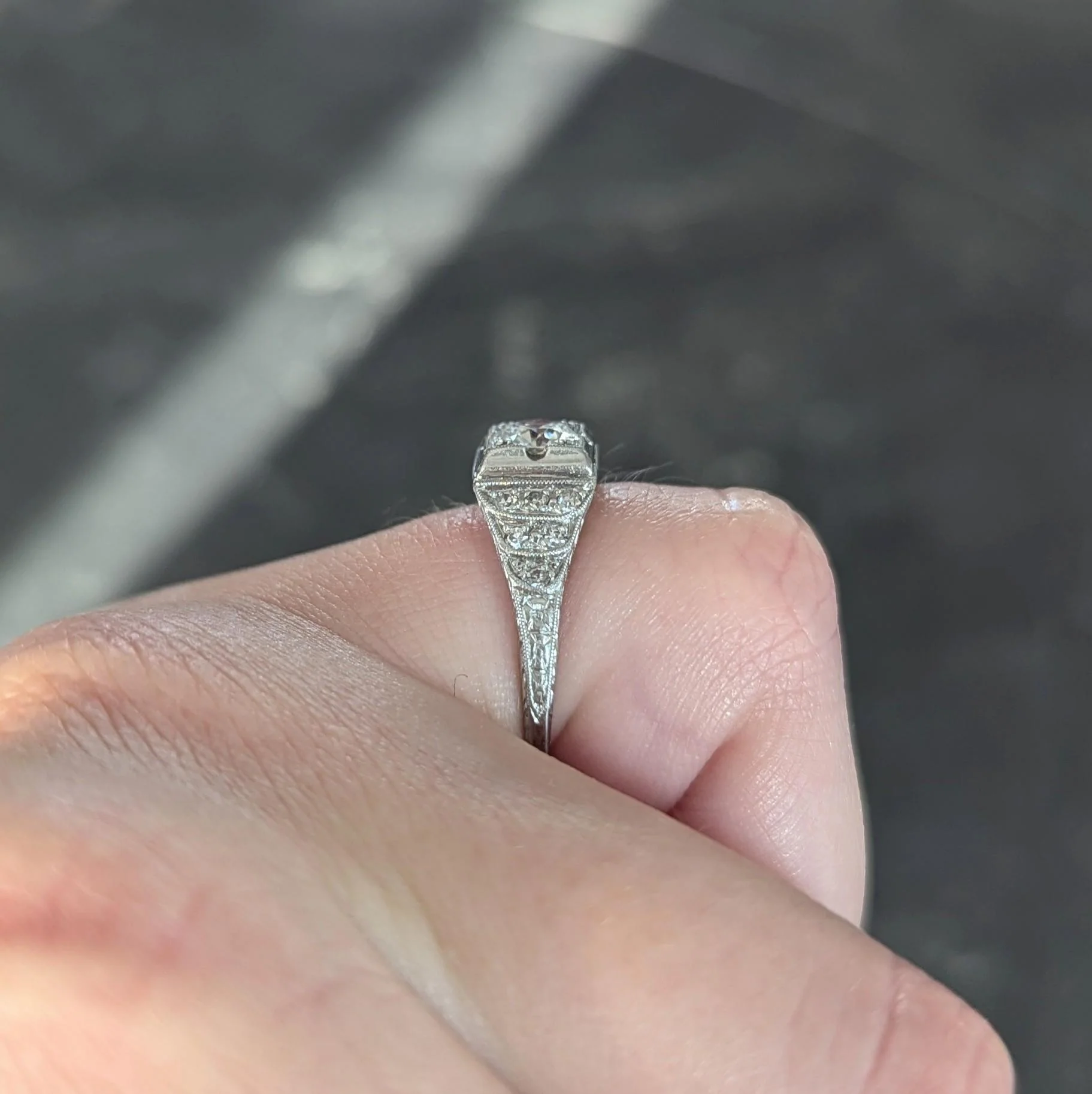 Retro 1945 0.70 CTW European Cut Diamond Platinum Vintage Stepped Engagement Ring - Image 11