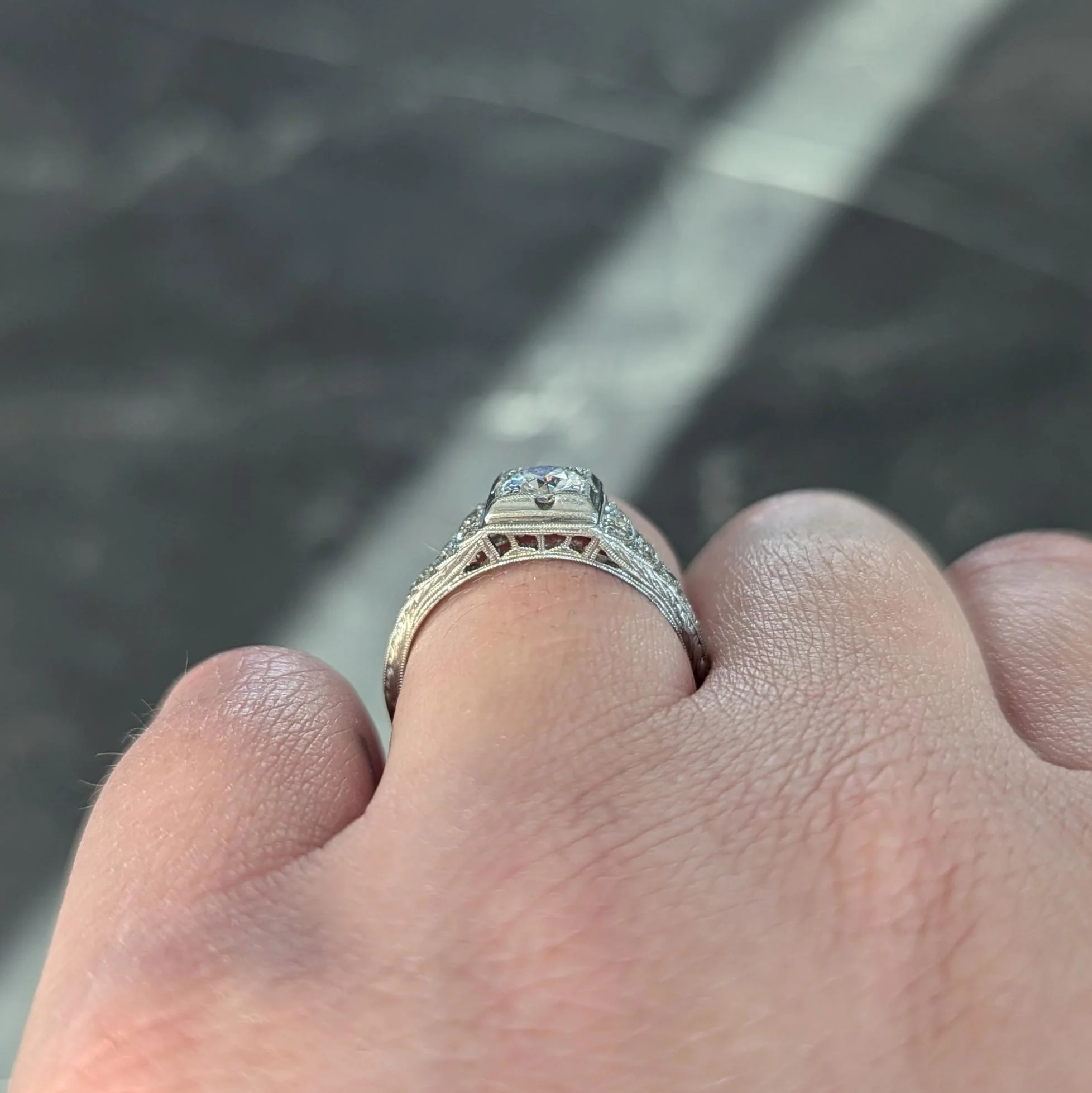 Retro 1945 0.70 CTW European Cut Diamond Platinum Vintage Stepped Engagement Ring - Image 12