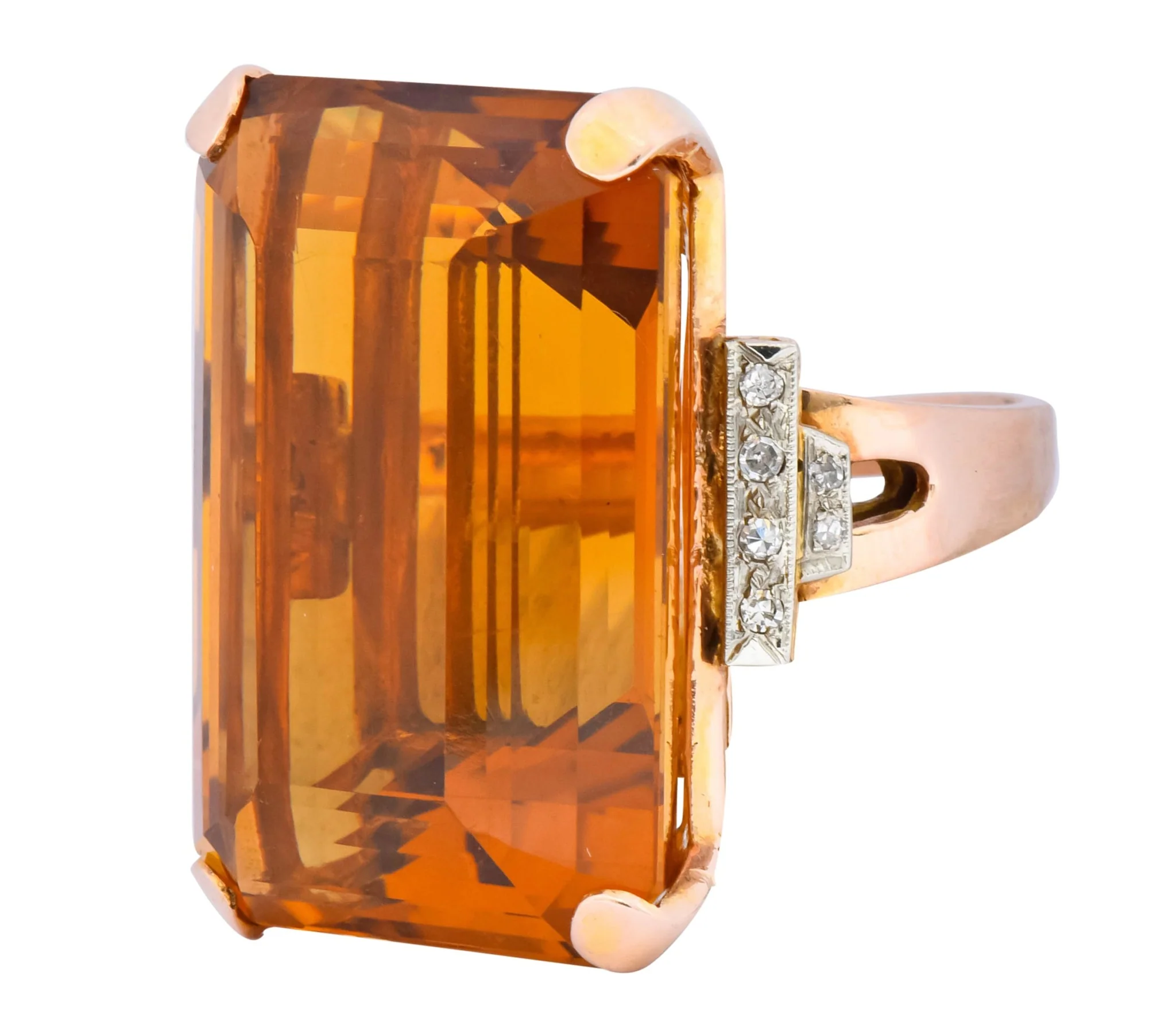 Retro 1950’s Citrine Diamond 14 Karat Gold Statement Cocktail Ring - Image 4