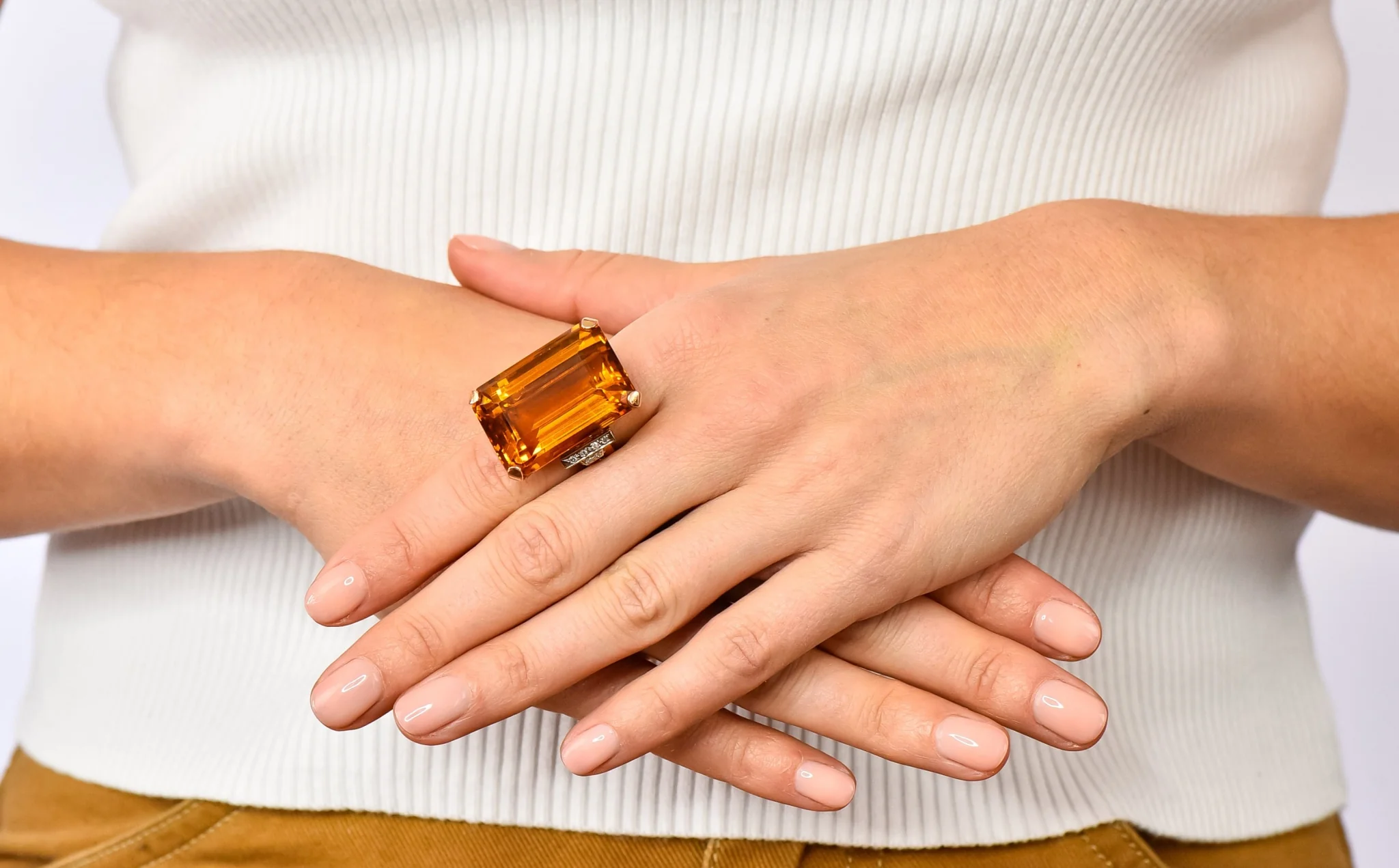 Retro 1950’s Citrine Diamond 14 Karat Gold Statement Cocktail Ring - Image 9