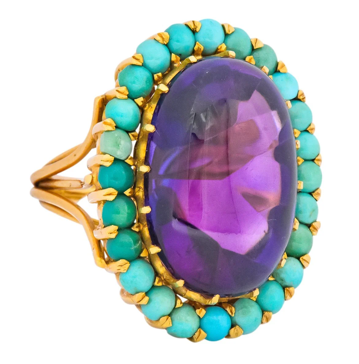 Retro 1960's Amethyst Turquoise 18 Karat Gold Cluster Cocktail Ring - Image 2