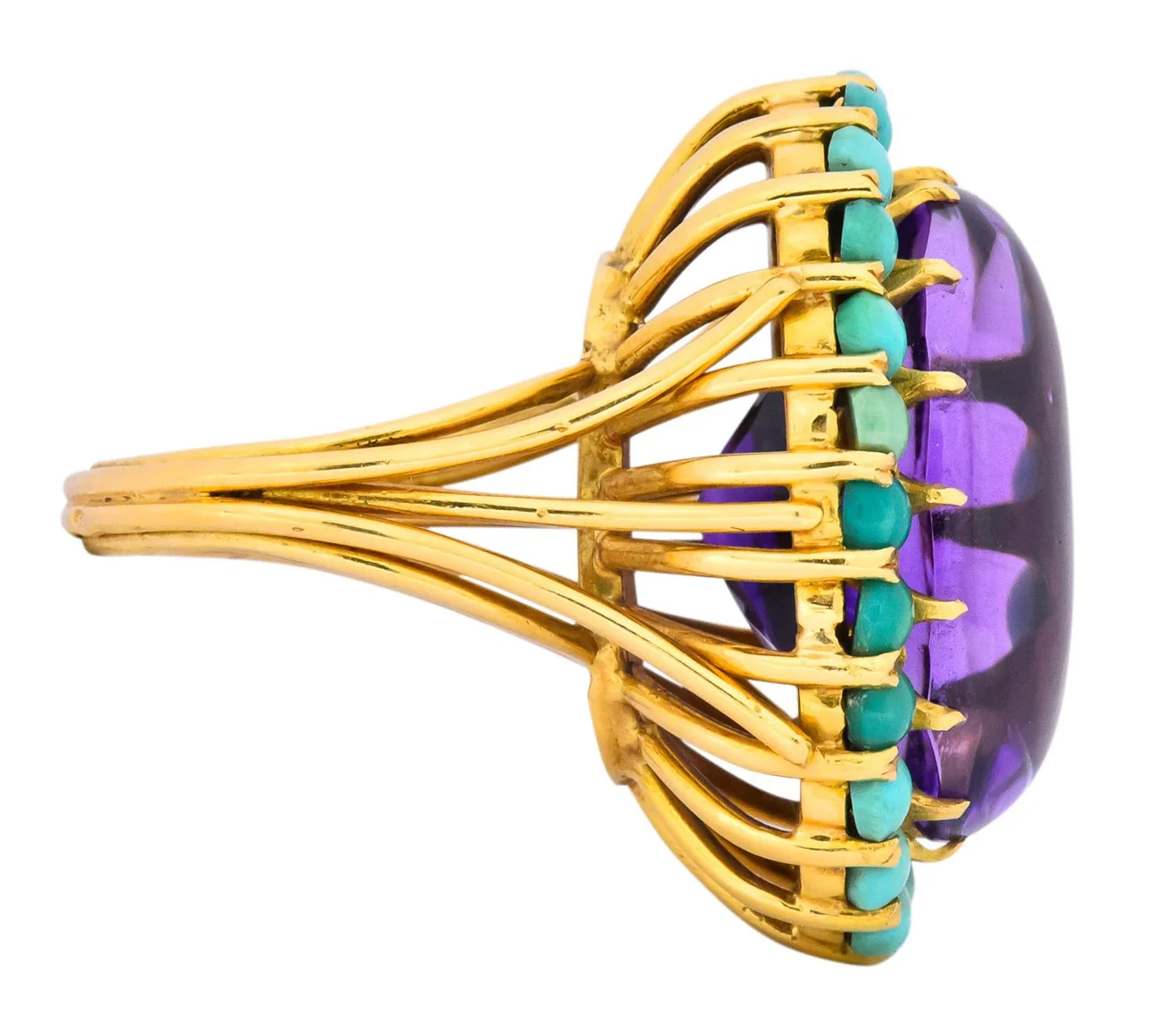 Retro 1960's Amethyst Turquoise 18 Karat Gold Cluster Cocktail Ring - Image 3