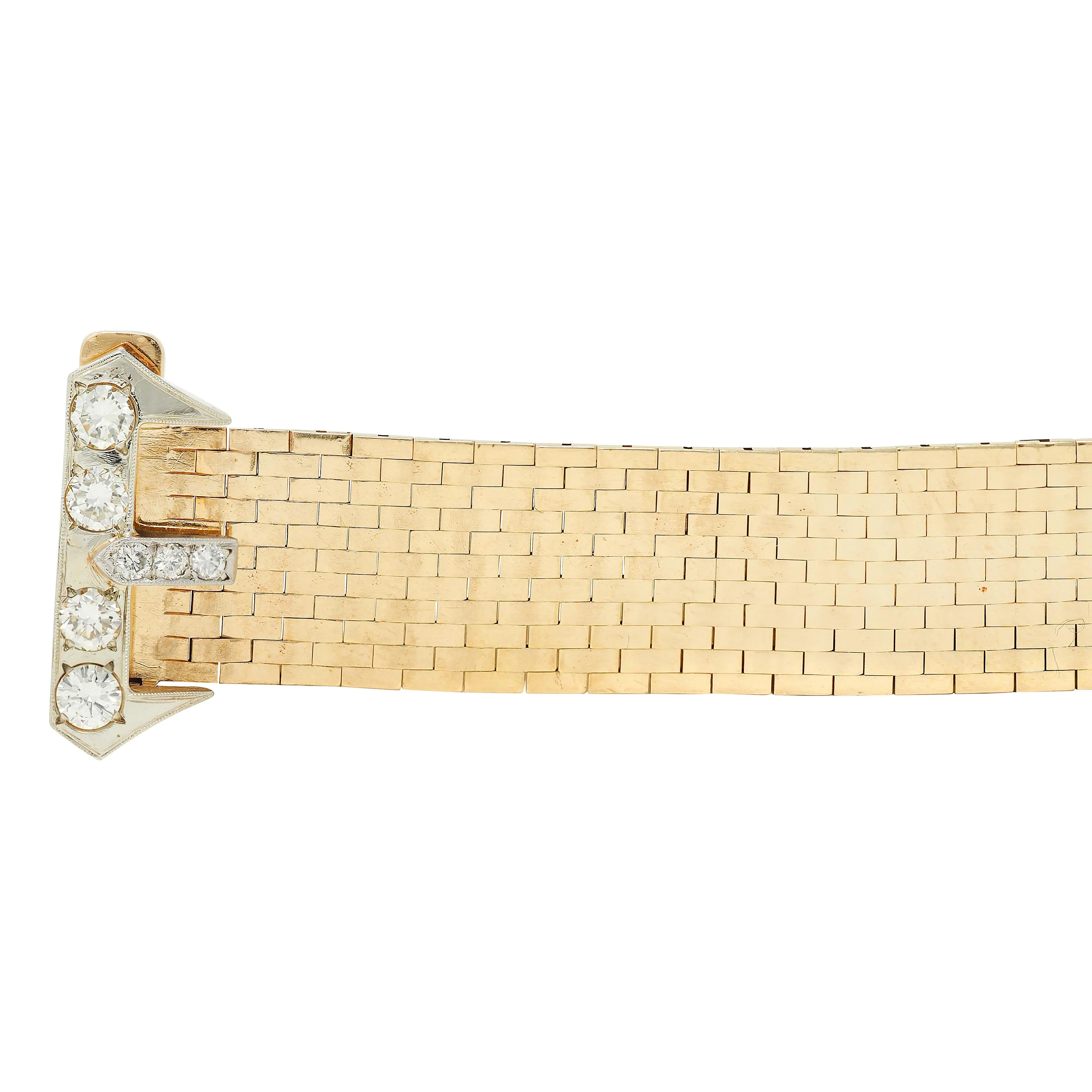 Retro 2.00 CTW Diamond 14 Karat Two-Tone Gold Vintage Mesh Buckle Bracelet - Image 3
