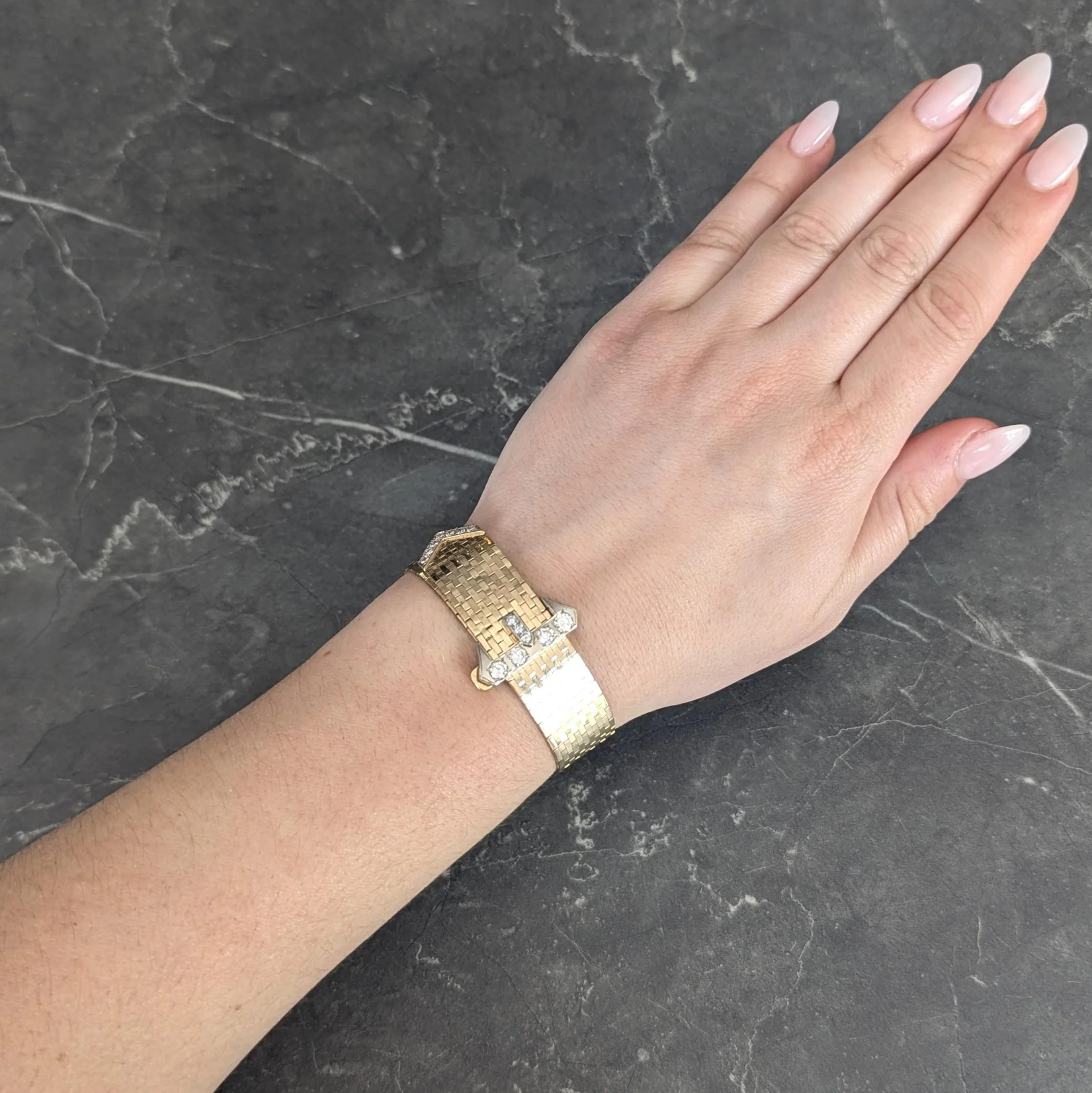 Retro 2.00 CTW Diamond 14 Karat Two-Tone Gold Vintage Mesh Buckle Bracelet - Image 7