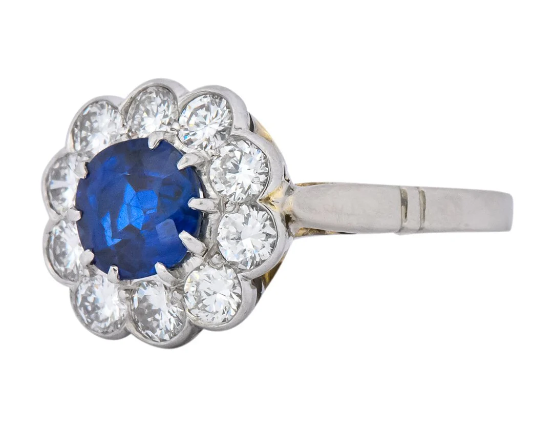 Retro 2.09 CTW No Heat Sapphire Diamond 14 Karat White Gold Cluster Ring GIA - Image 6