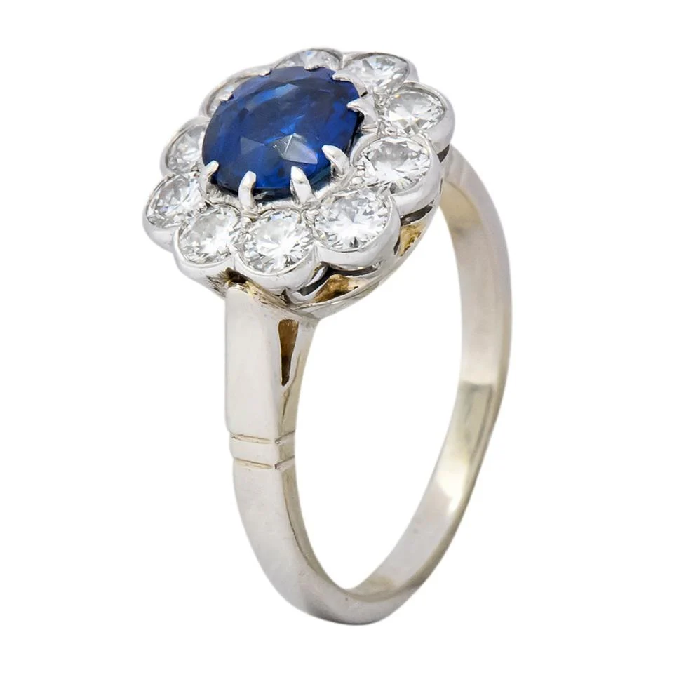 Retro 2.09 CTW No Heat Sapphire Diamond 14 Karat White Gold Cluster Ring GIA - Image 8
