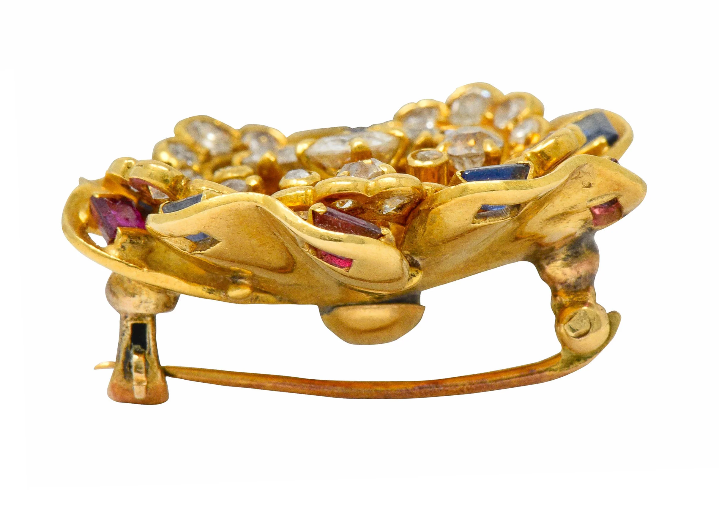 Retro 2.45 CTW Diamond Sapphire Ruby 18 Karat Gold Cluster Flower Brooch - Image 7