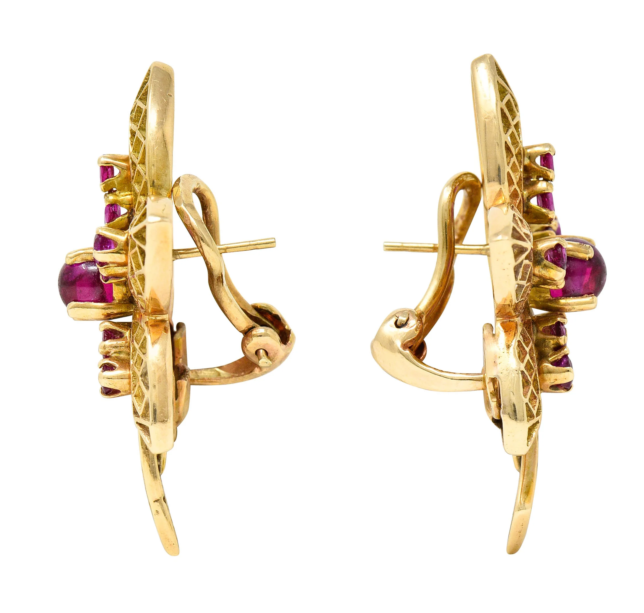 Retro 2.50 CTW Ruby 14 Karat Rose Gold Flower Earrings - Image 2