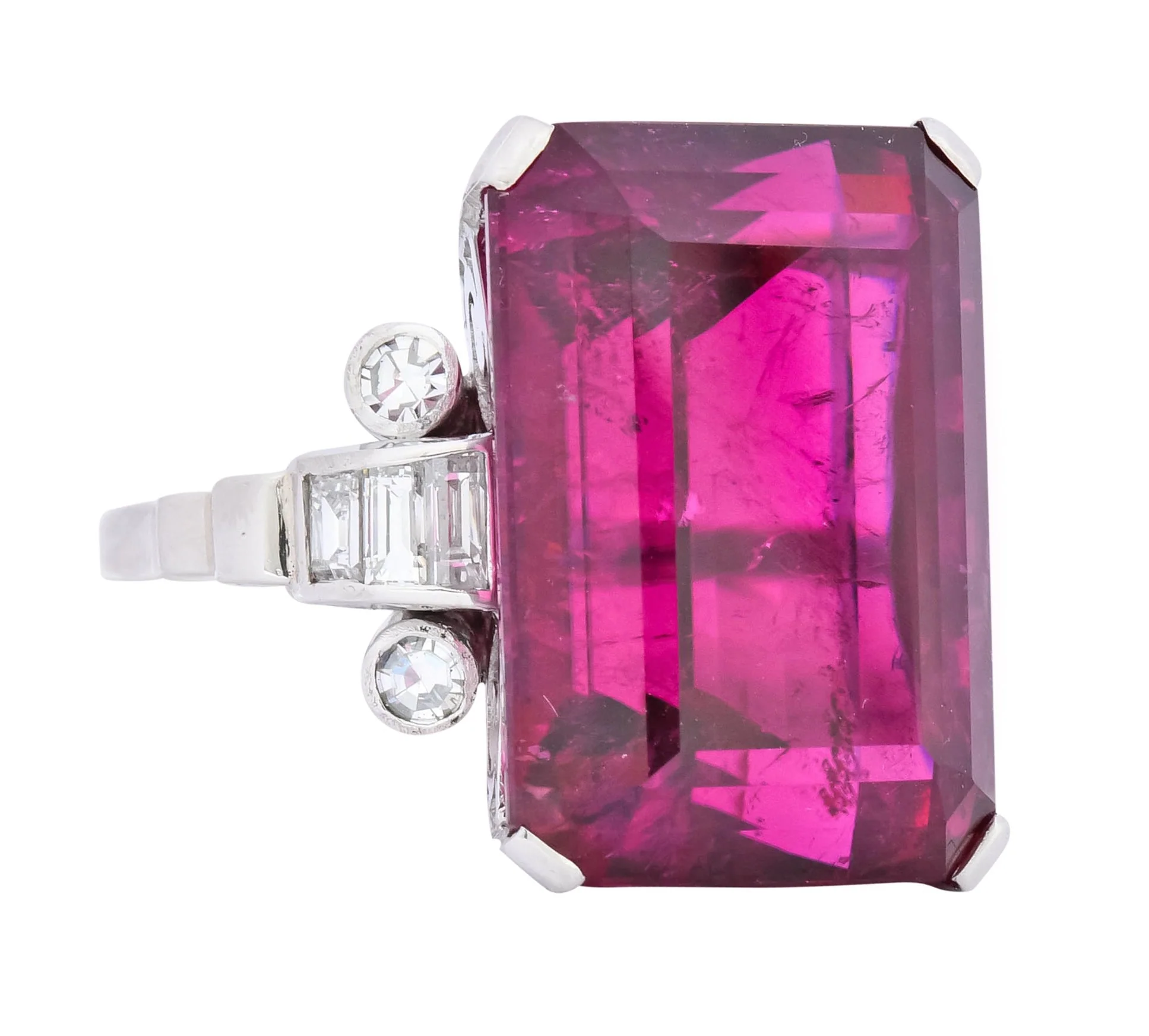 Retro 22.15 CTW Rubellite Tourmaline Diamond 18 Karat White Gold Cocktail Ring - Image 2