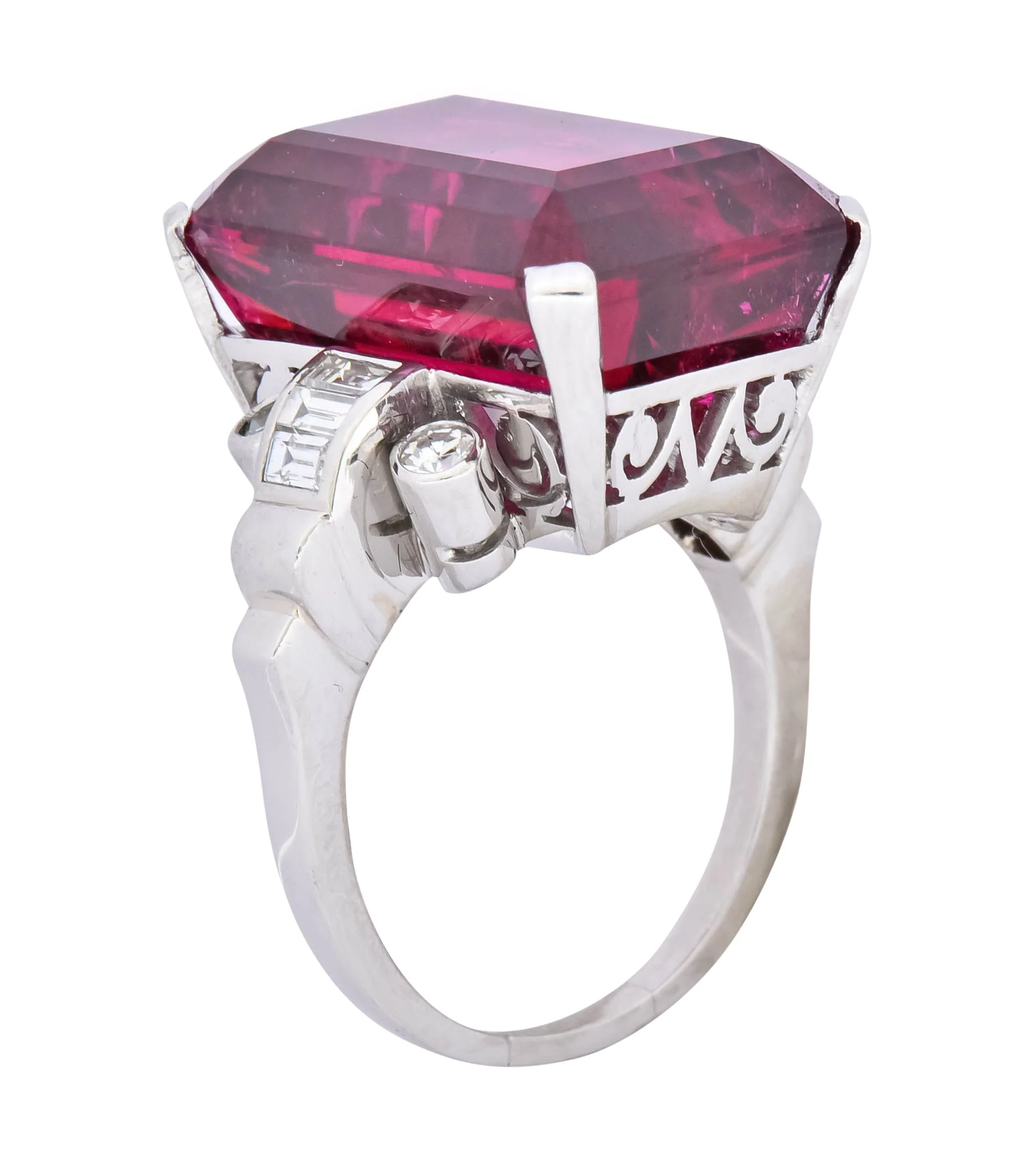 Retro 22.15 CTW Rubellite Tourmaline Diamond 18 Karat White Gold Cocktail Ring - Image 8