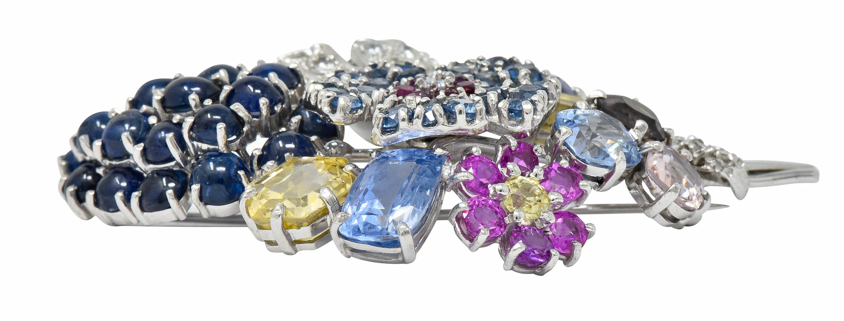 Retro 25.90 CTW Sapphire Diamond 14 Karat White Gold Bouquet Brooch - Image 7