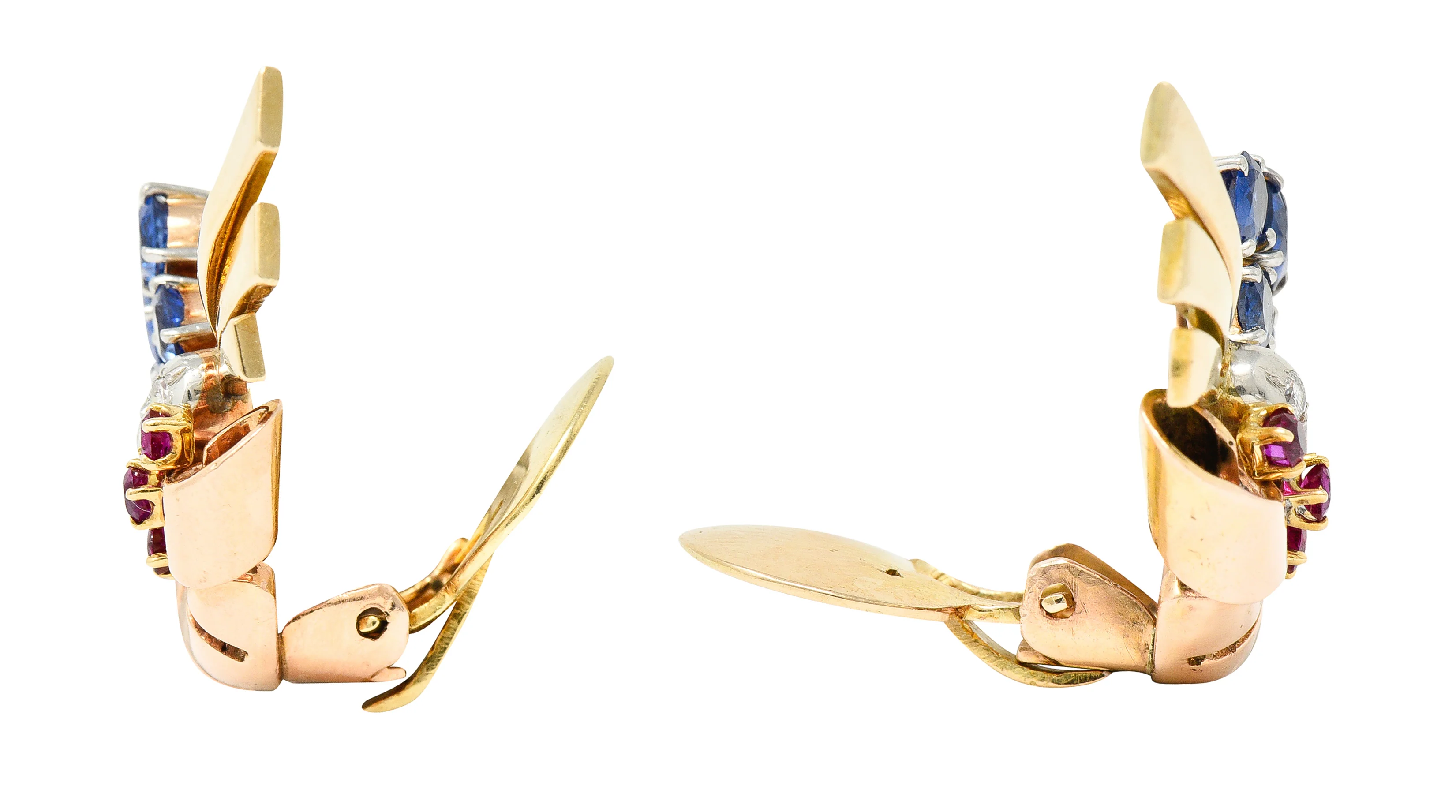 Retro 3.82 CTW Ruby Sapphire Diamond Platinum 14 Karat Two-Tone Gold Ear-Clip Earrings - Image 5
